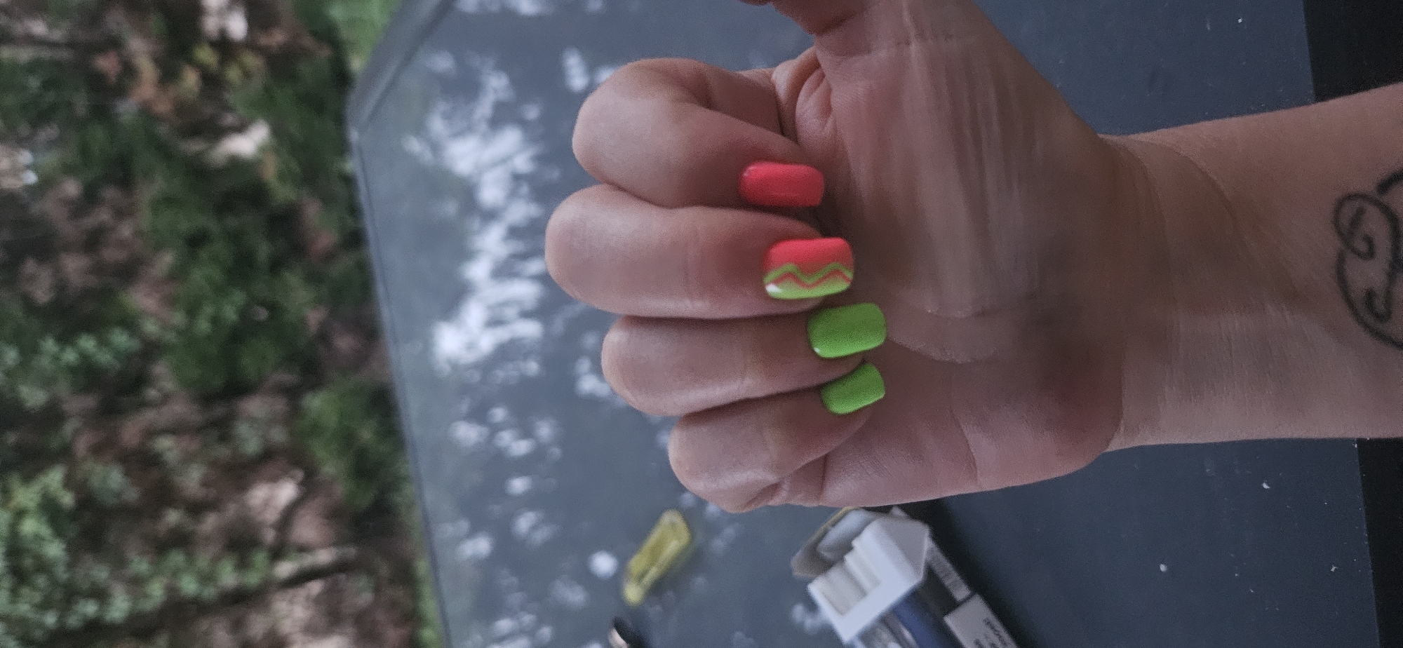 Backyard evening in Hévíz: white dog, neon nails, green garden