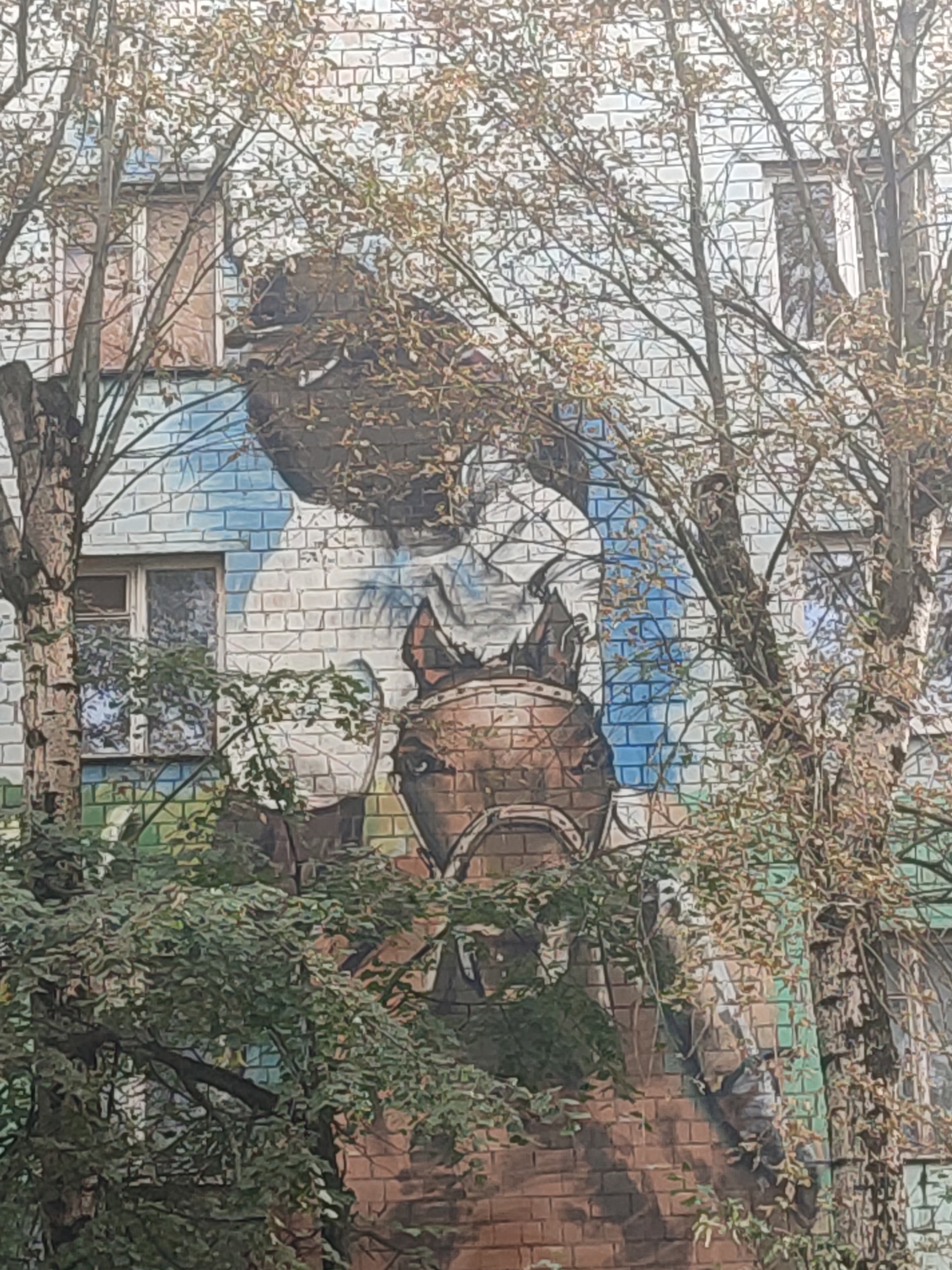 Street mural and garden details in a Moscow neighborhood