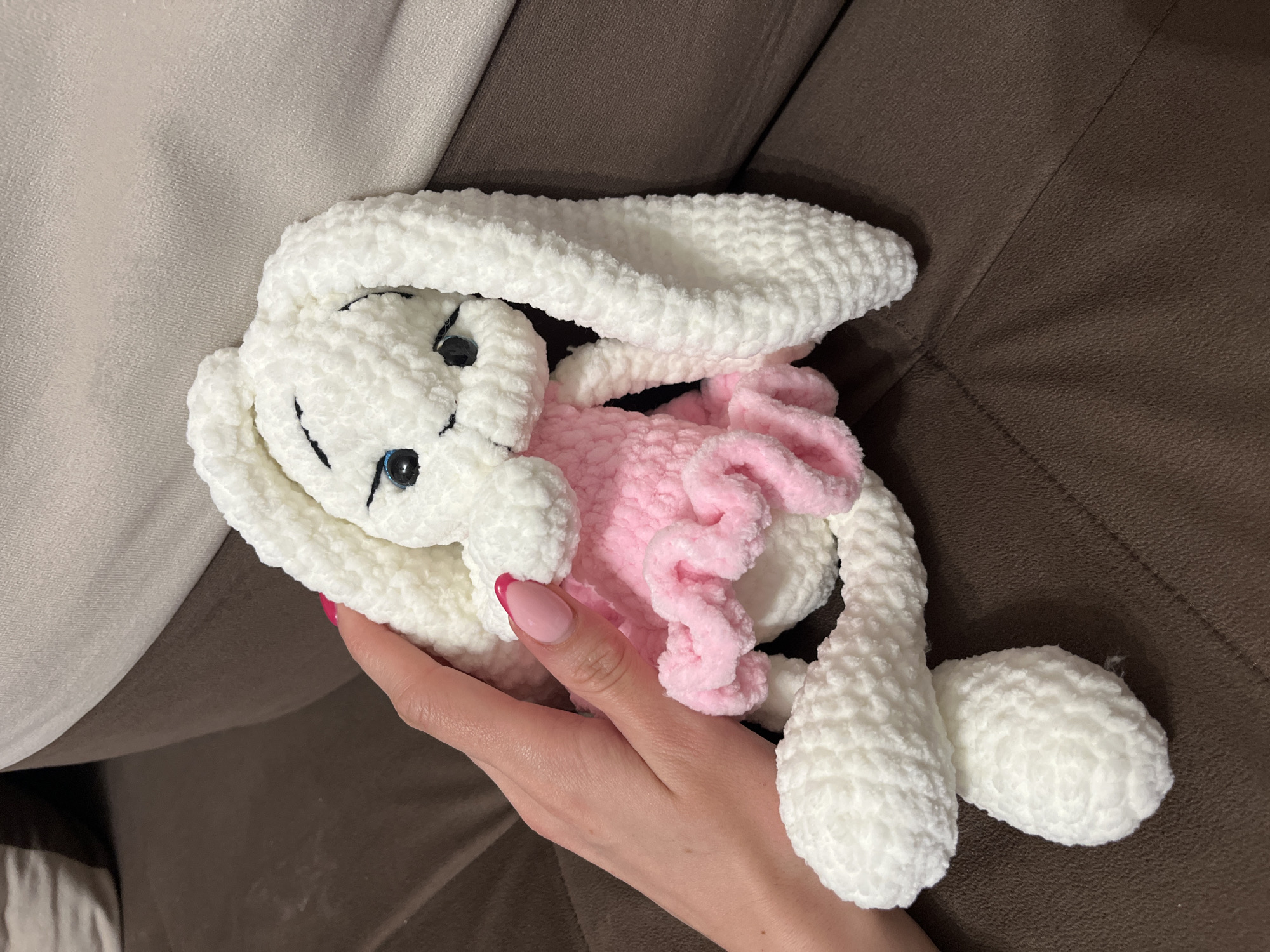 Handmade crocheted bunny documented in Pernik, Bulgaria home