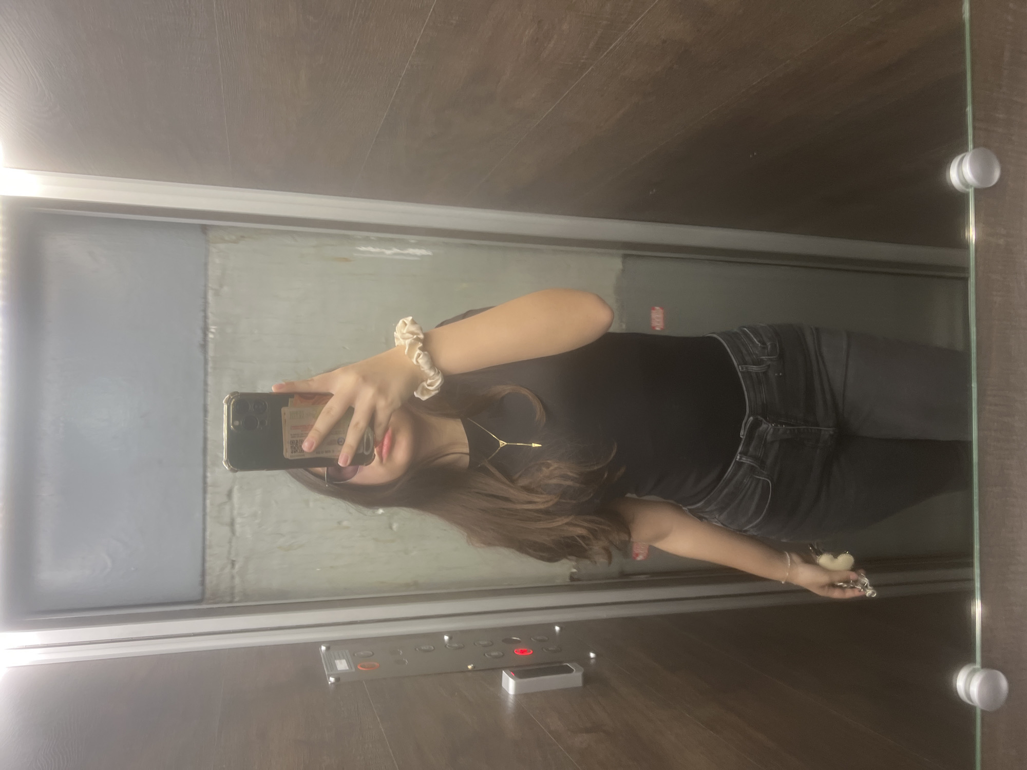 Woman takes selfie in wood-paneled elevator in Sofia
