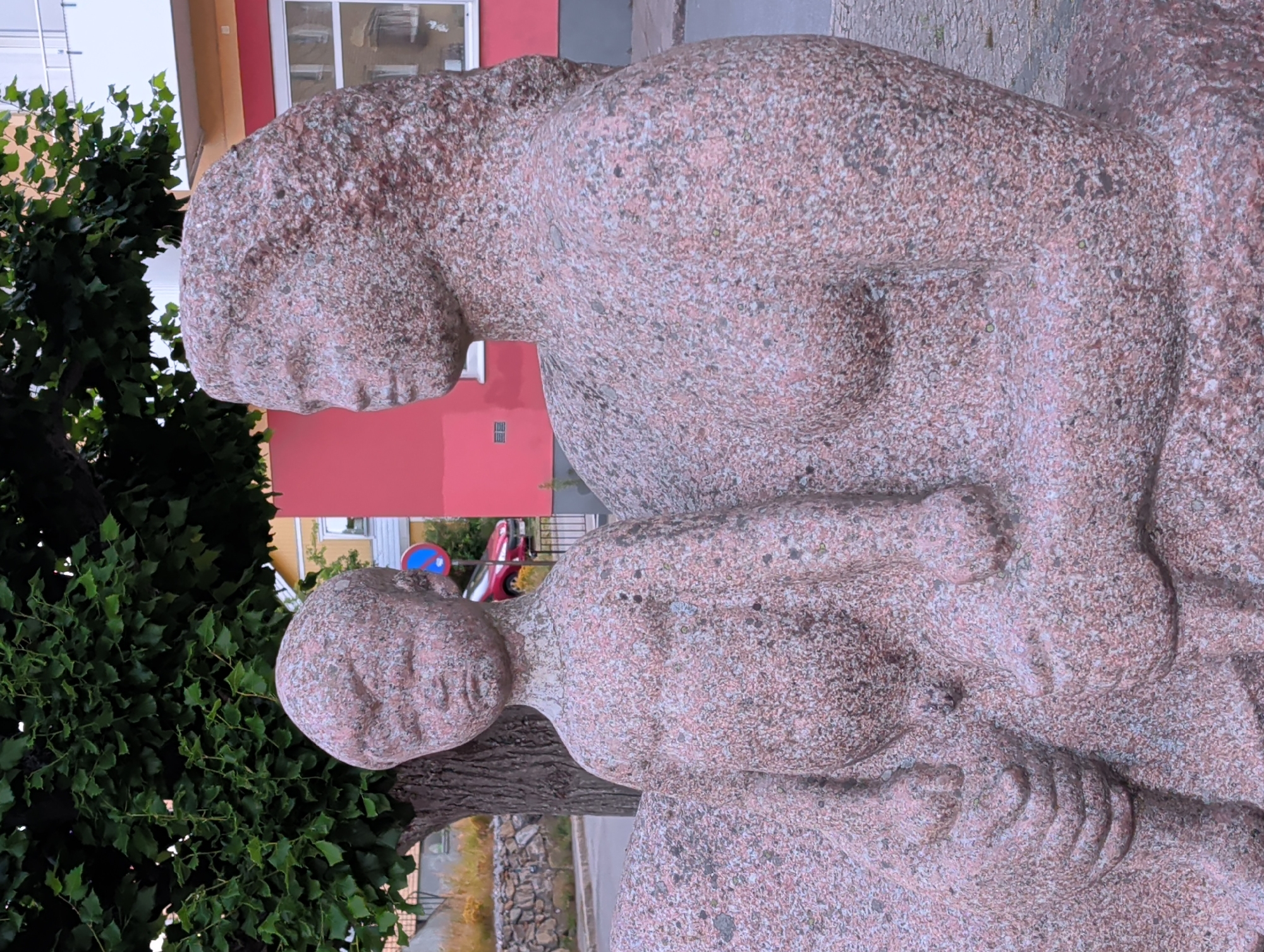 Pink granite fountain and classical architecture in Nynäshamn