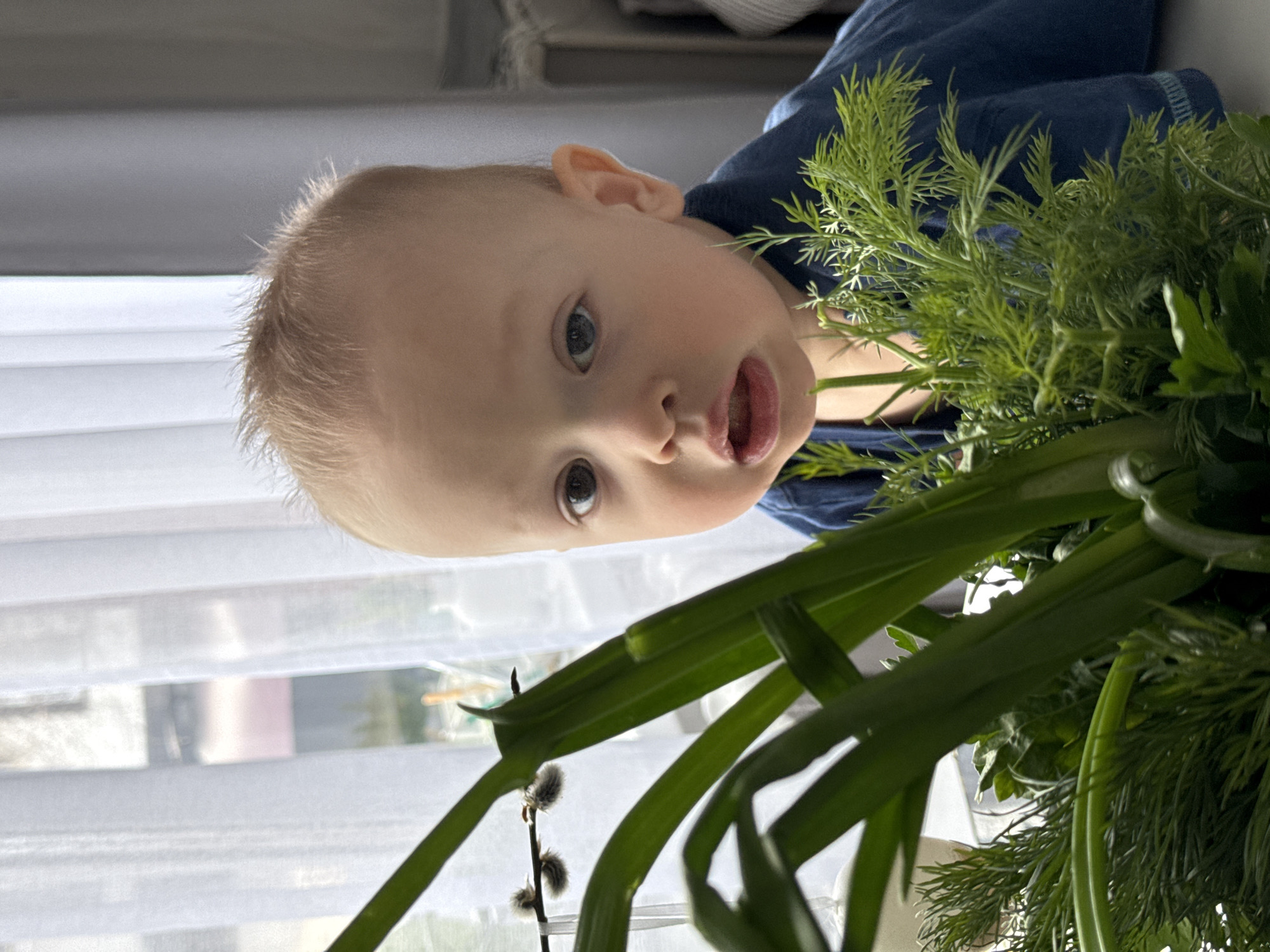 Baby photographed among green plants in Chaikovsky, Russia