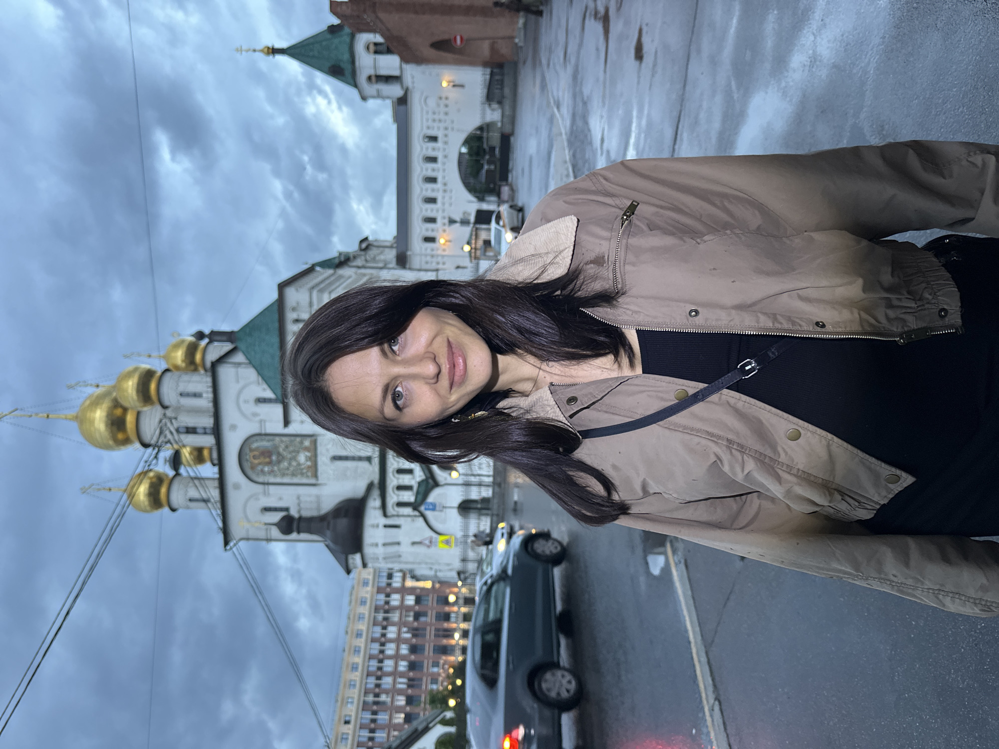 Golden-domed church on a grey, rain-wet day in Shushary