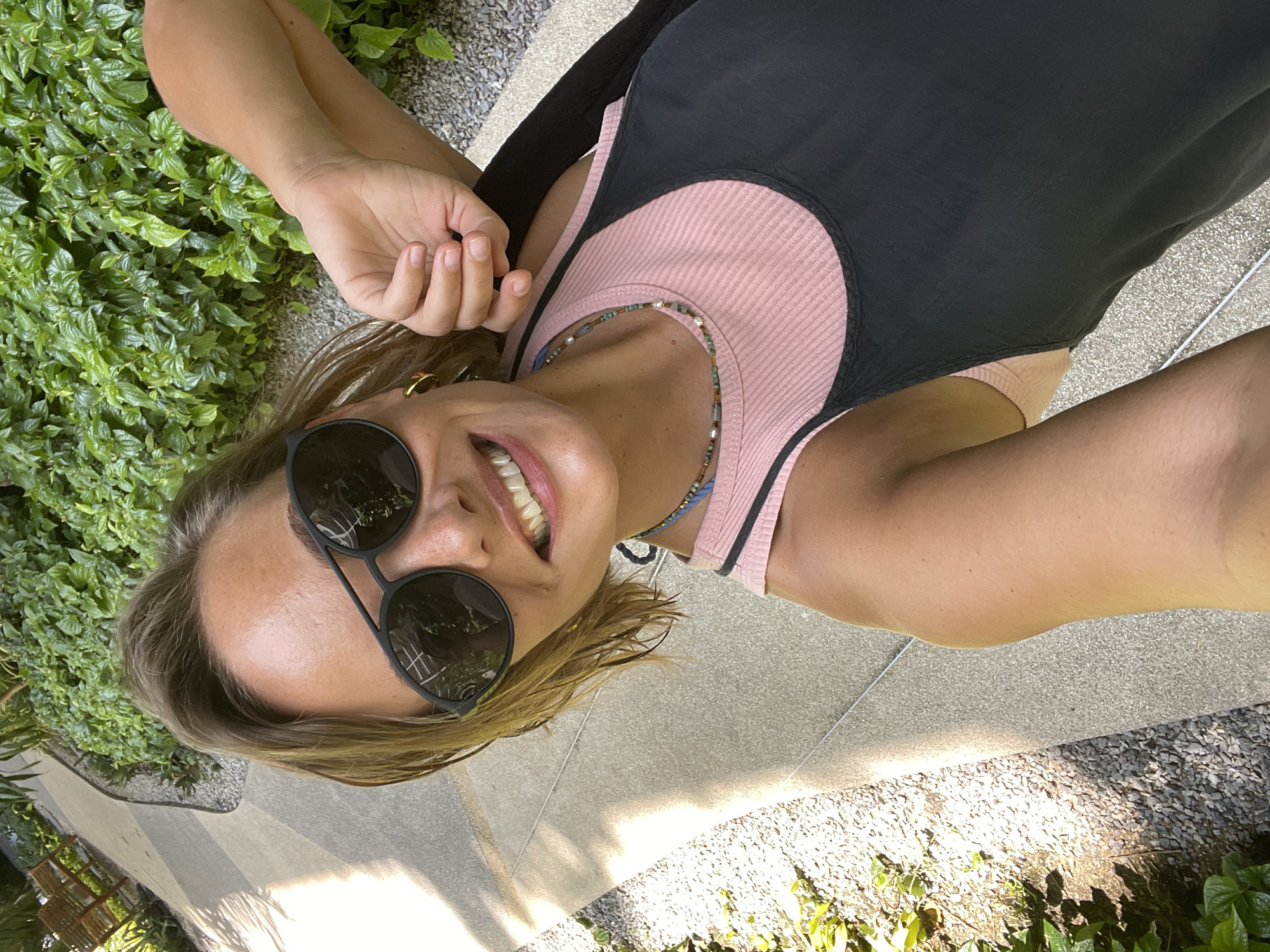 Morning selfies at a lush Choeng Thale garden path