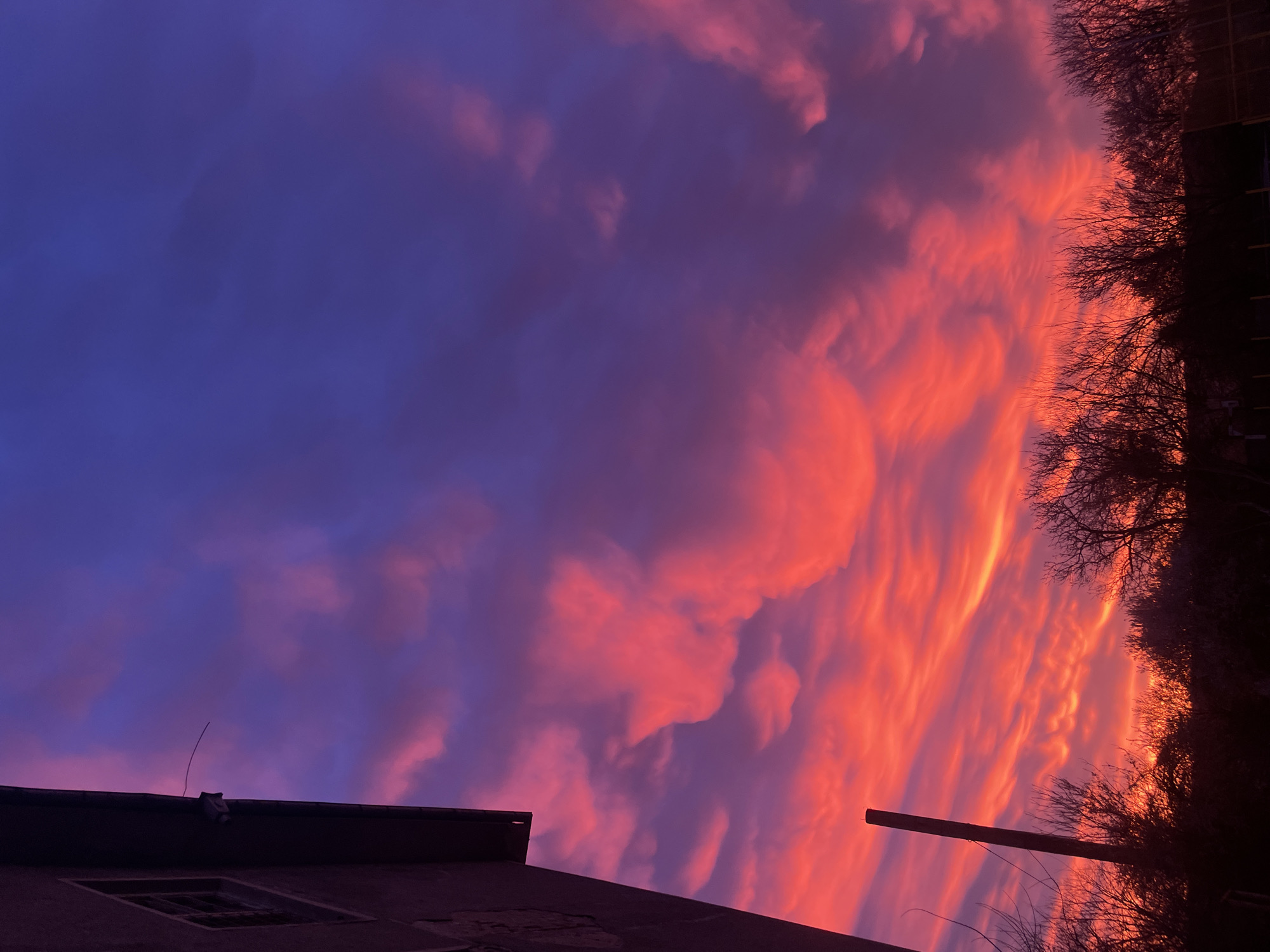 Dramatic sunset with purple and orange hues observed in urban area