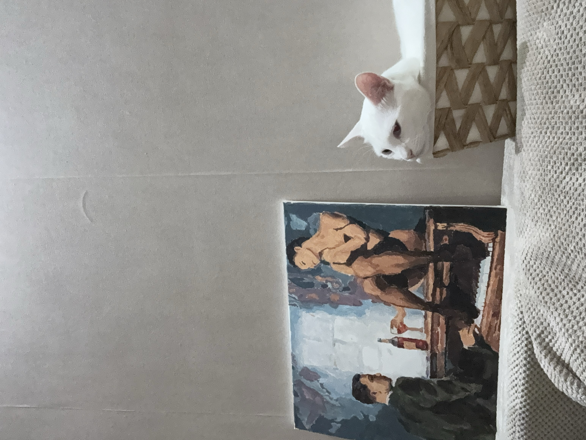 White cat sits beside painting in domestic setting