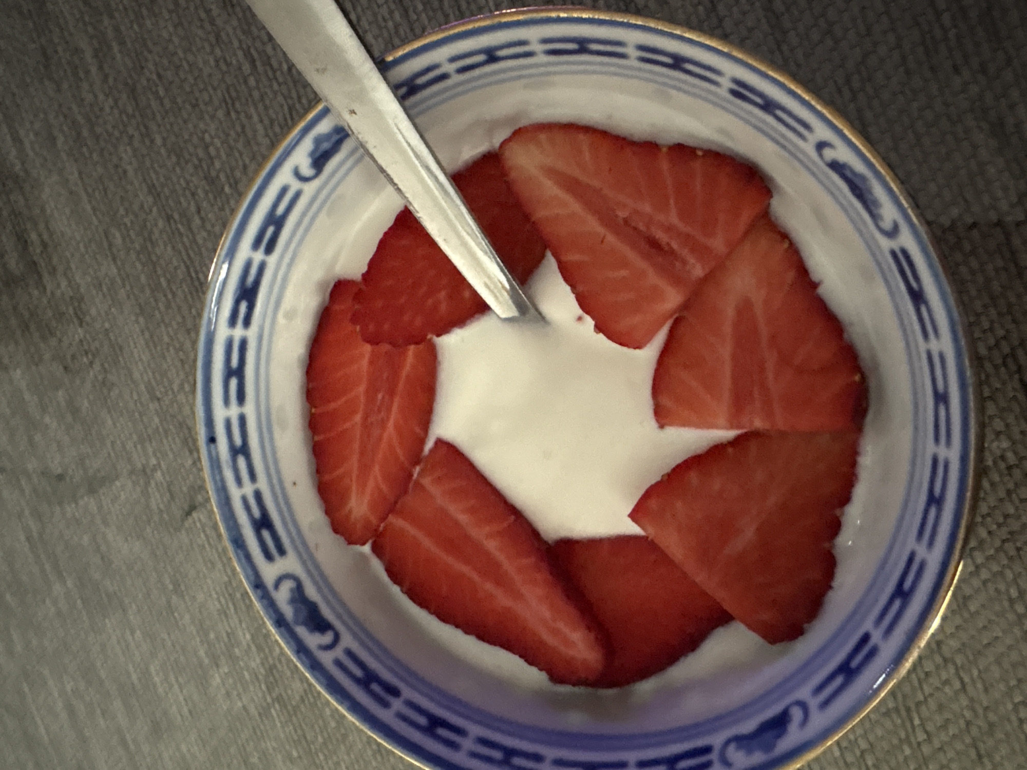 Yogurt and strawberries captured in decorative bowl, Spain