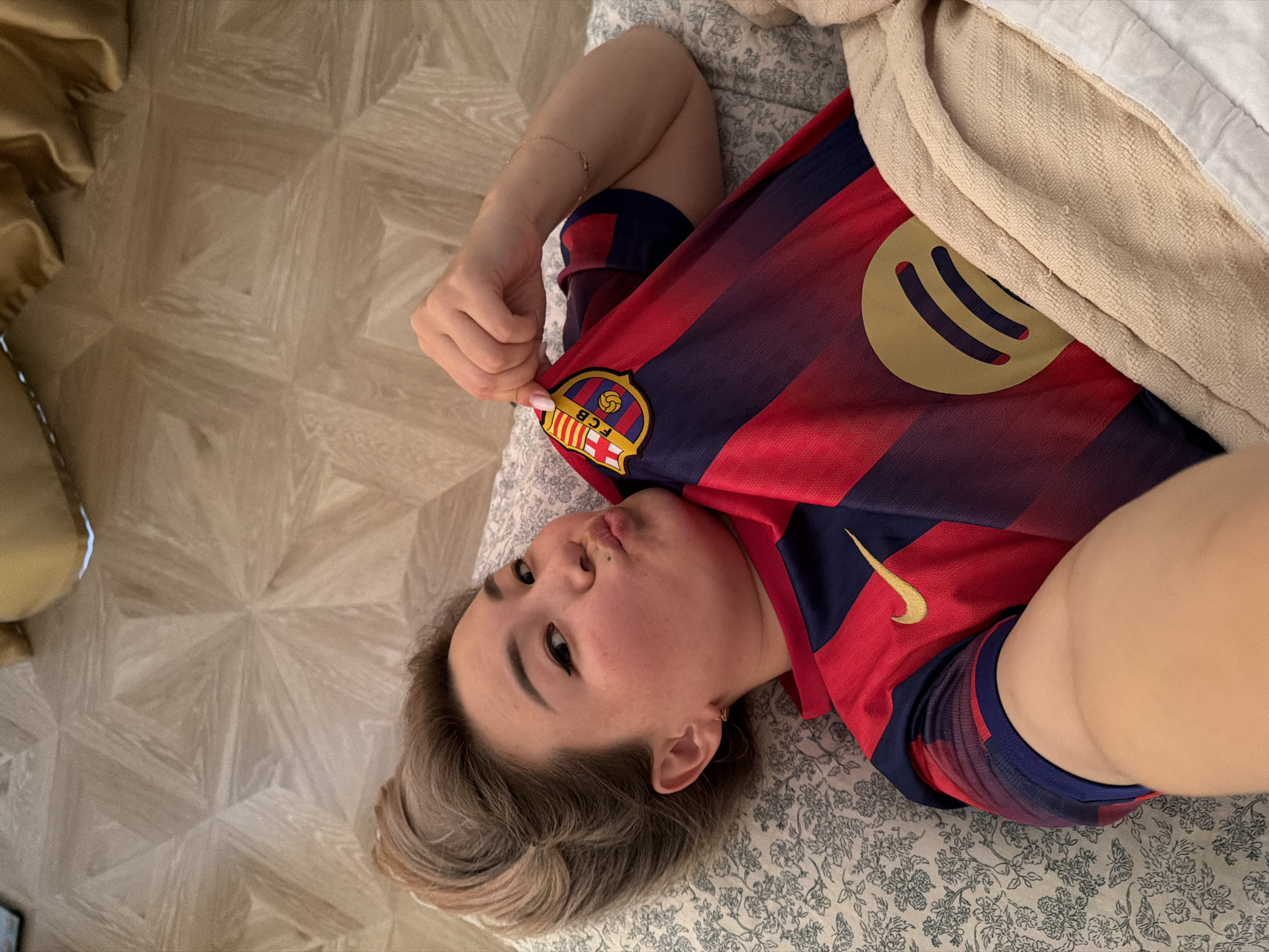 FC Barcelona jersey appreciation session from a bed in Astana