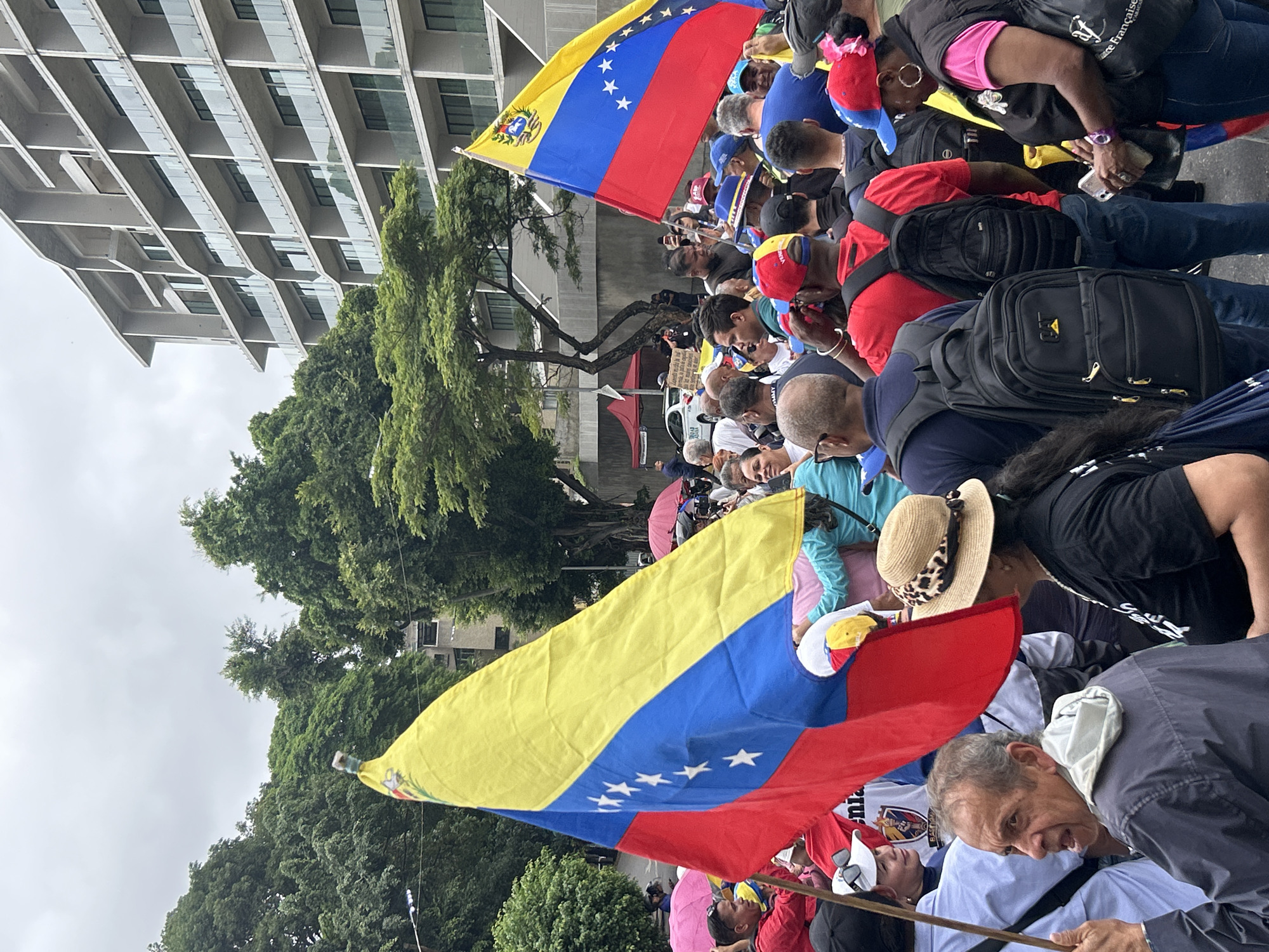 Large flag-waving demonstration fills Caracas streets amid overcast skies
