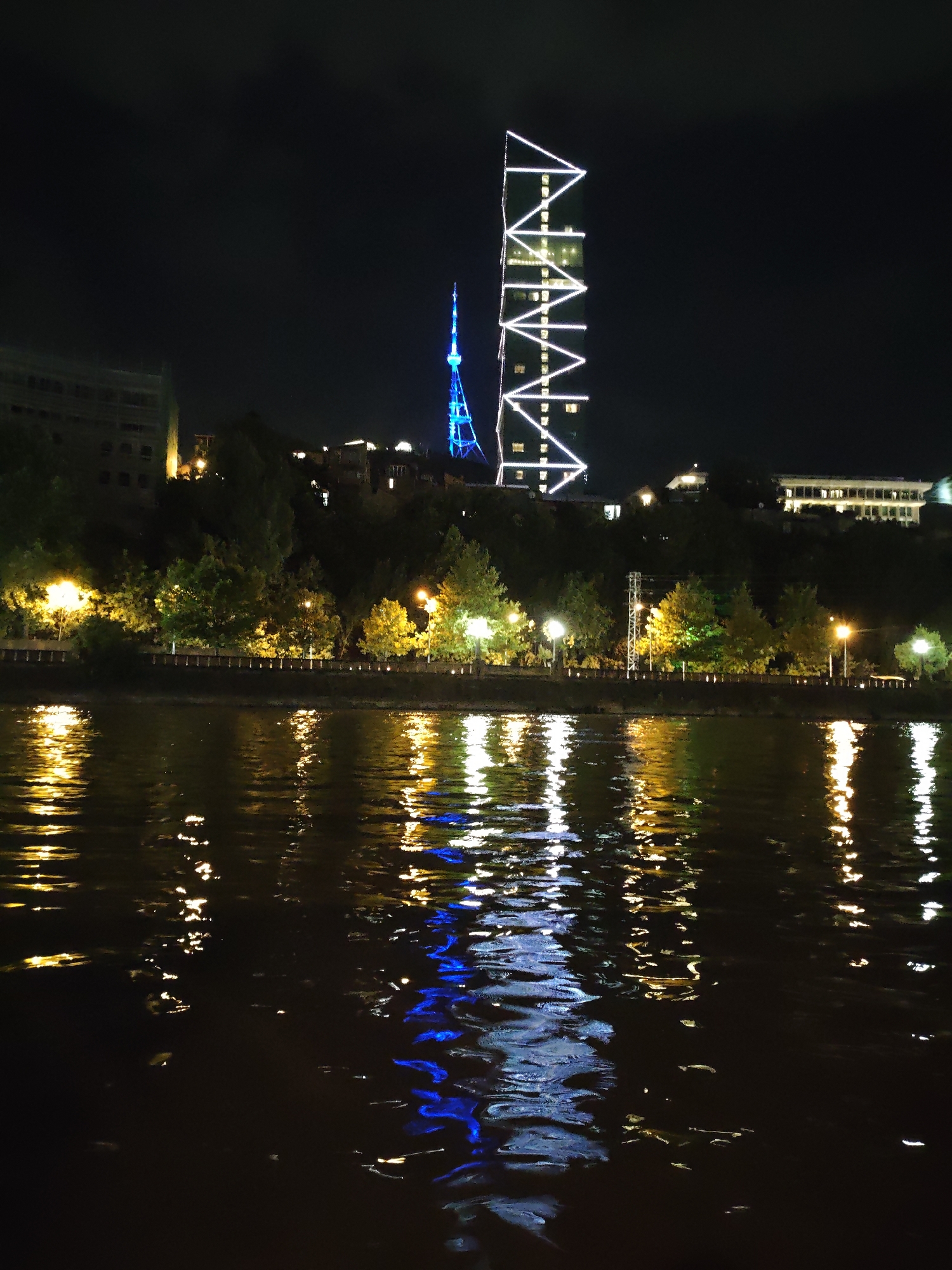 Tbilisi at night, landmarks and riverfront lit up
