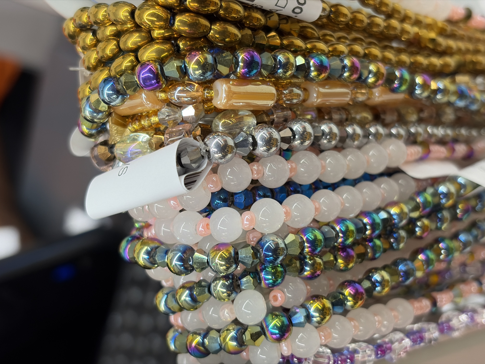 Colorful beaded strands photographed at craft shop in Igboefon