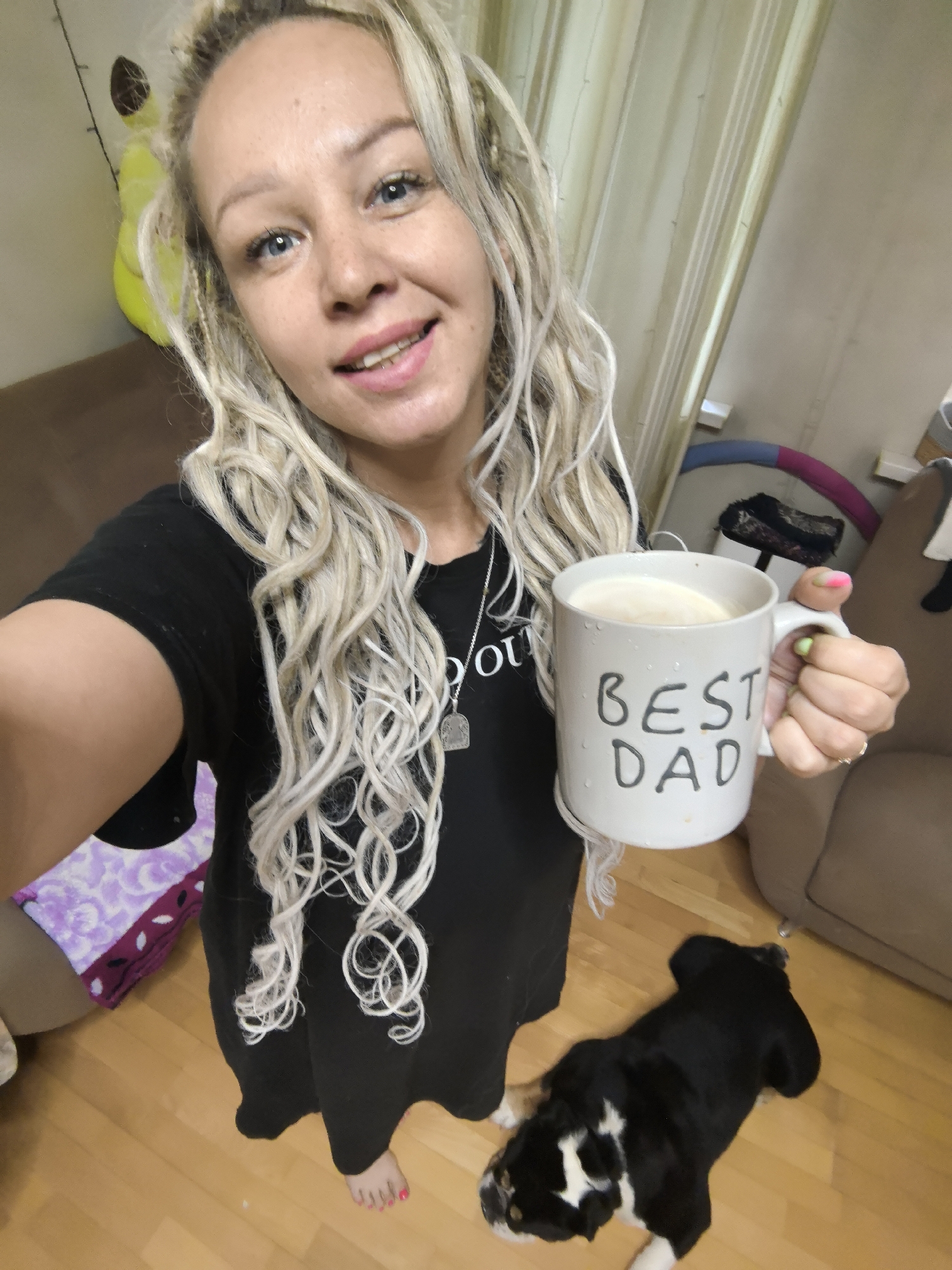Morning routine at home: coffee, meds, and a selfie