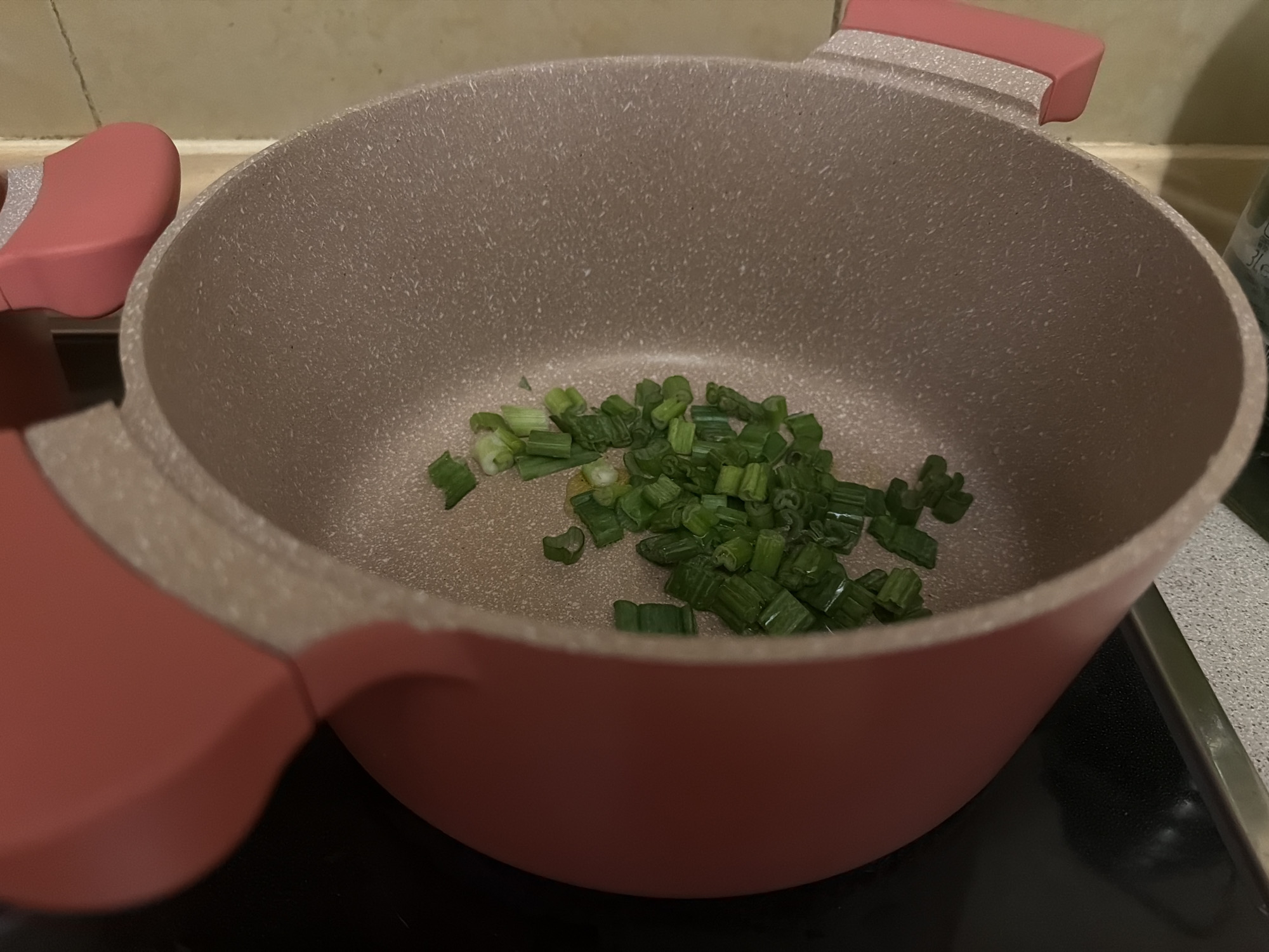 Cooking pot with chopped green onions documented by witness