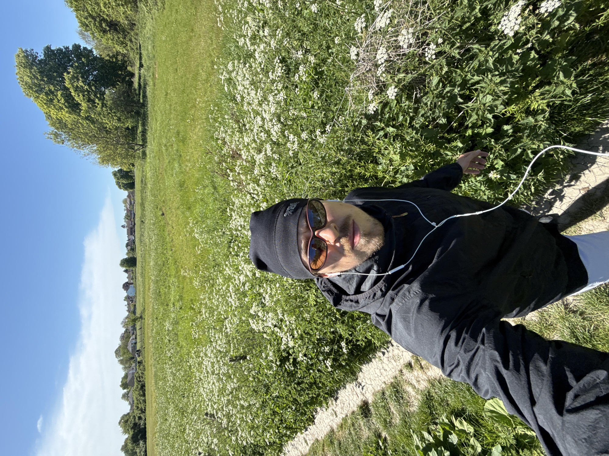 Person documents sunny countryside walk near Stotfold, UK