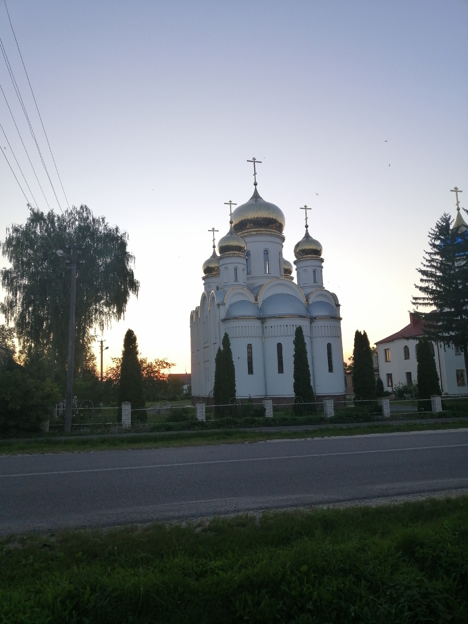 Streets, a golden-domed church, and garden flowers in Lanivtsi
