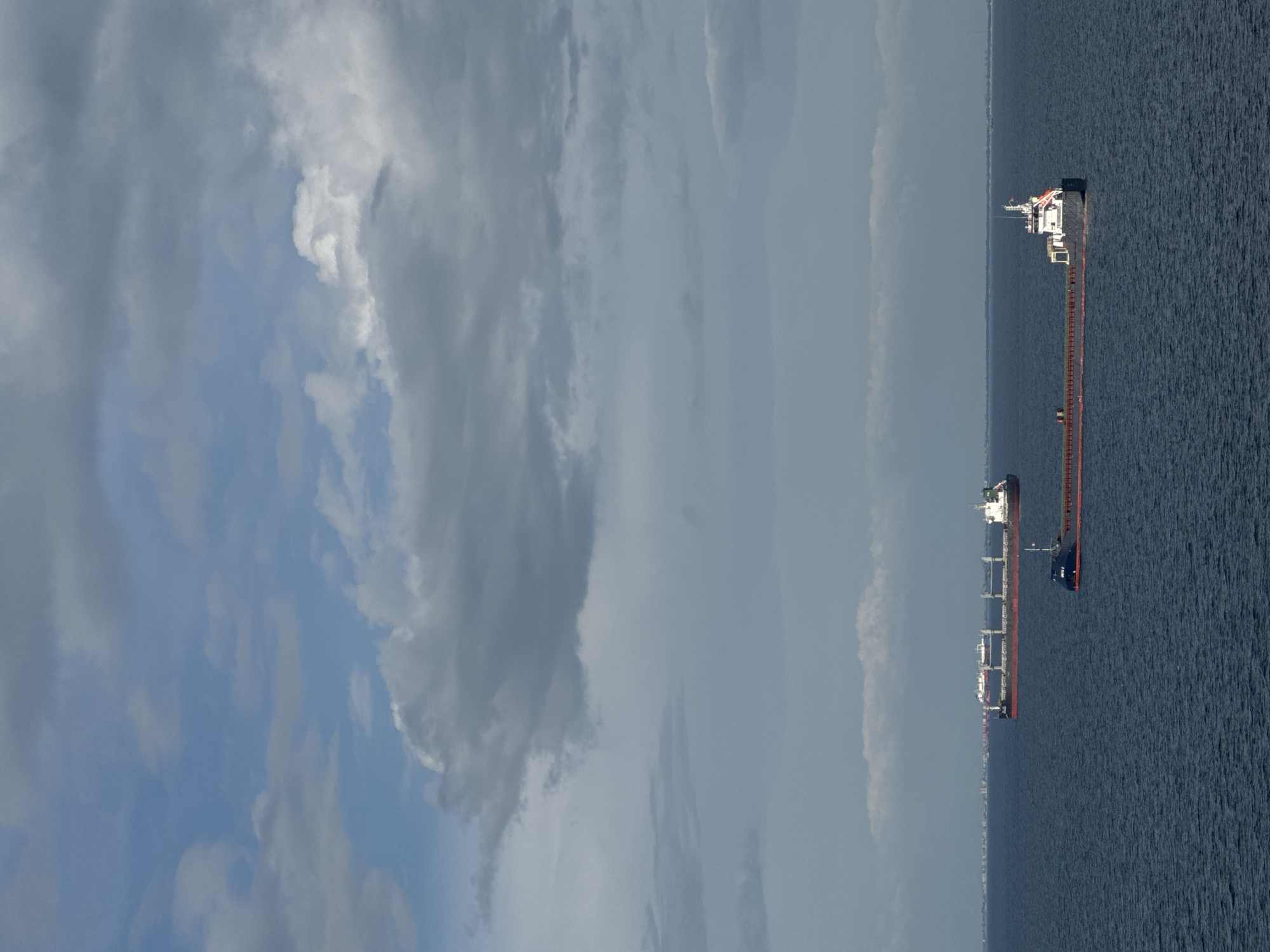 Two large vessels navigate Italian coastal waters under clouds