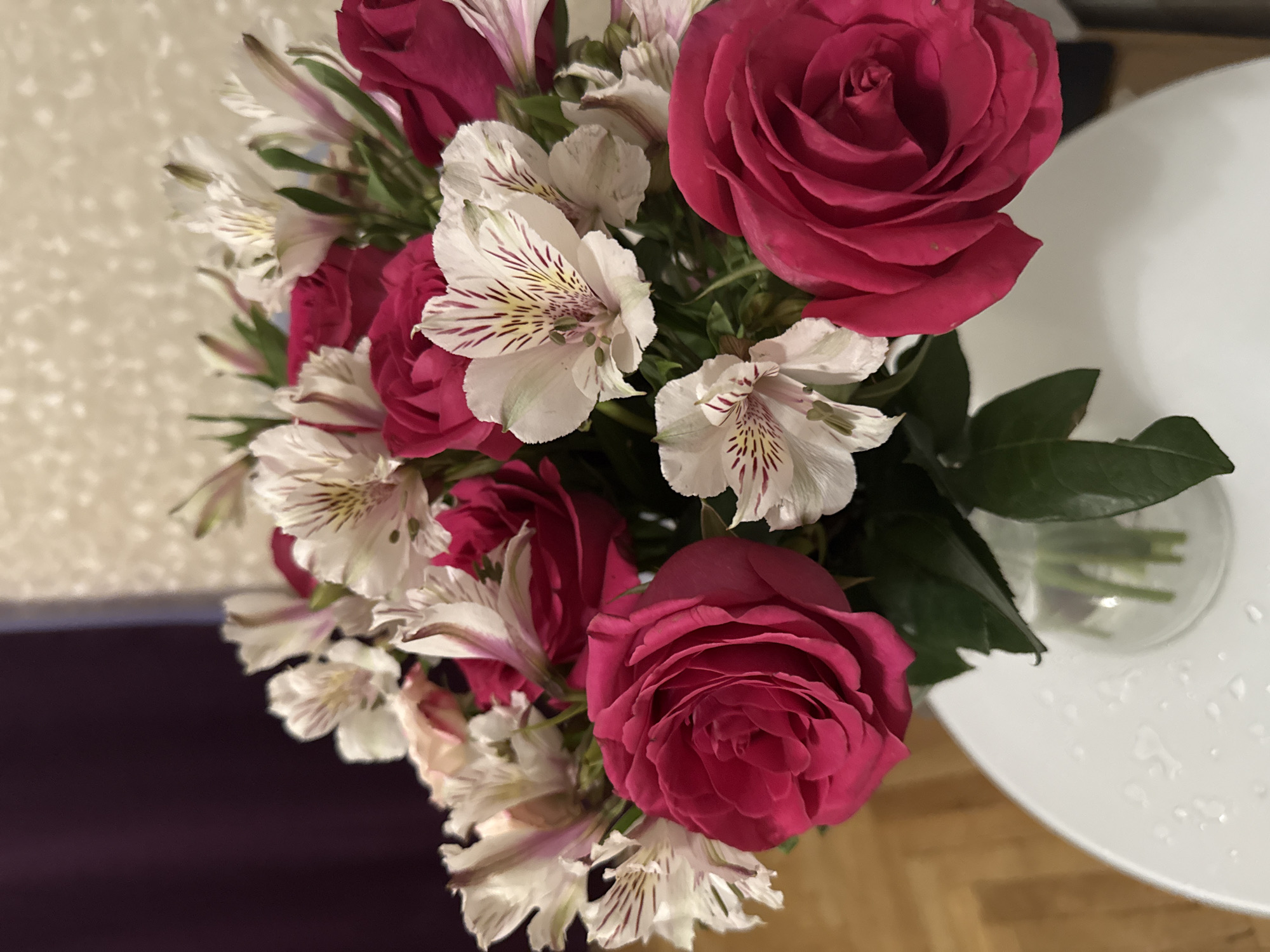 Cat investigates pink rose bouquet in Saint Petersburg home