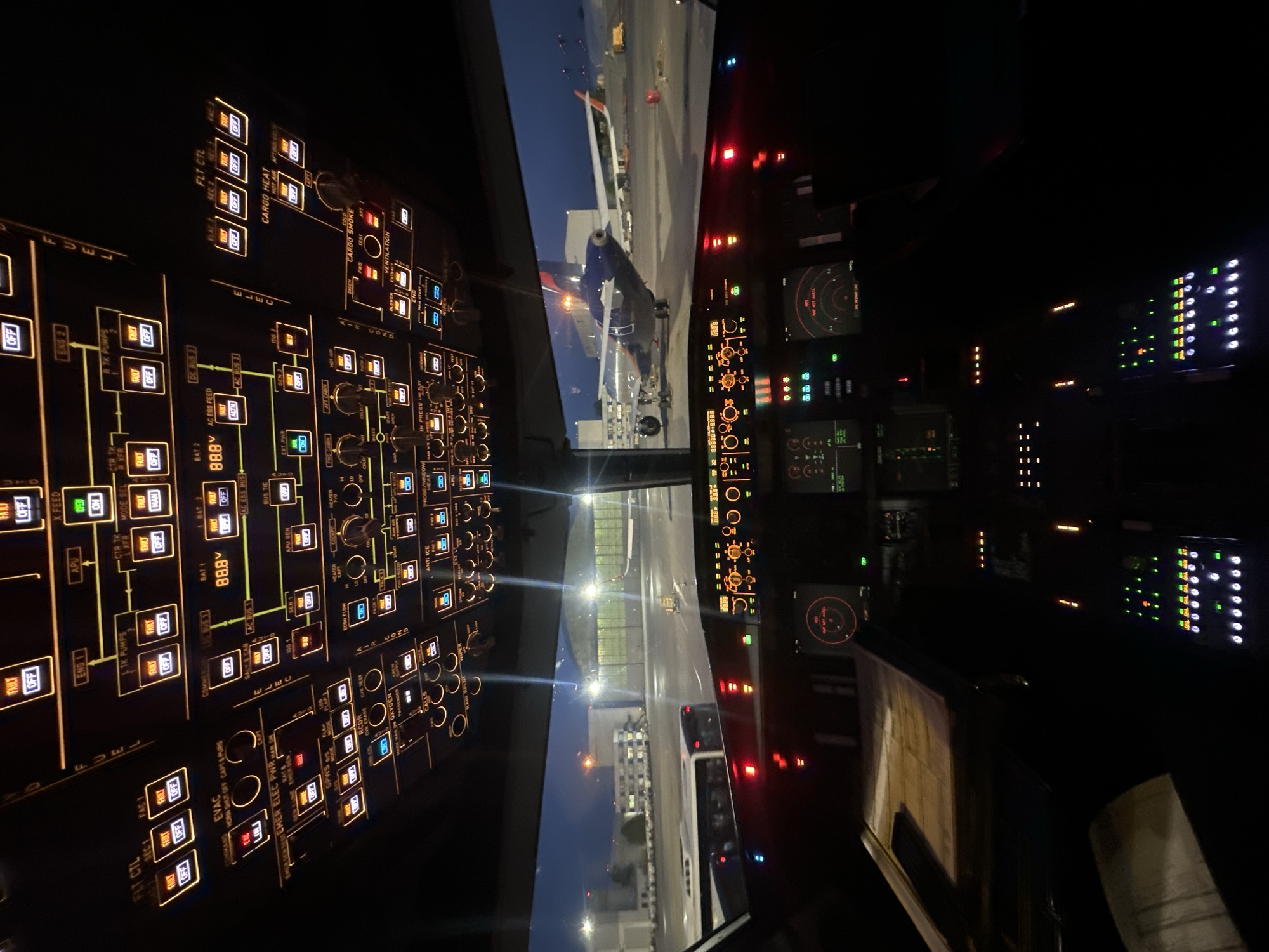 Aircraft cockpit view captured at dusk in Khimki airport