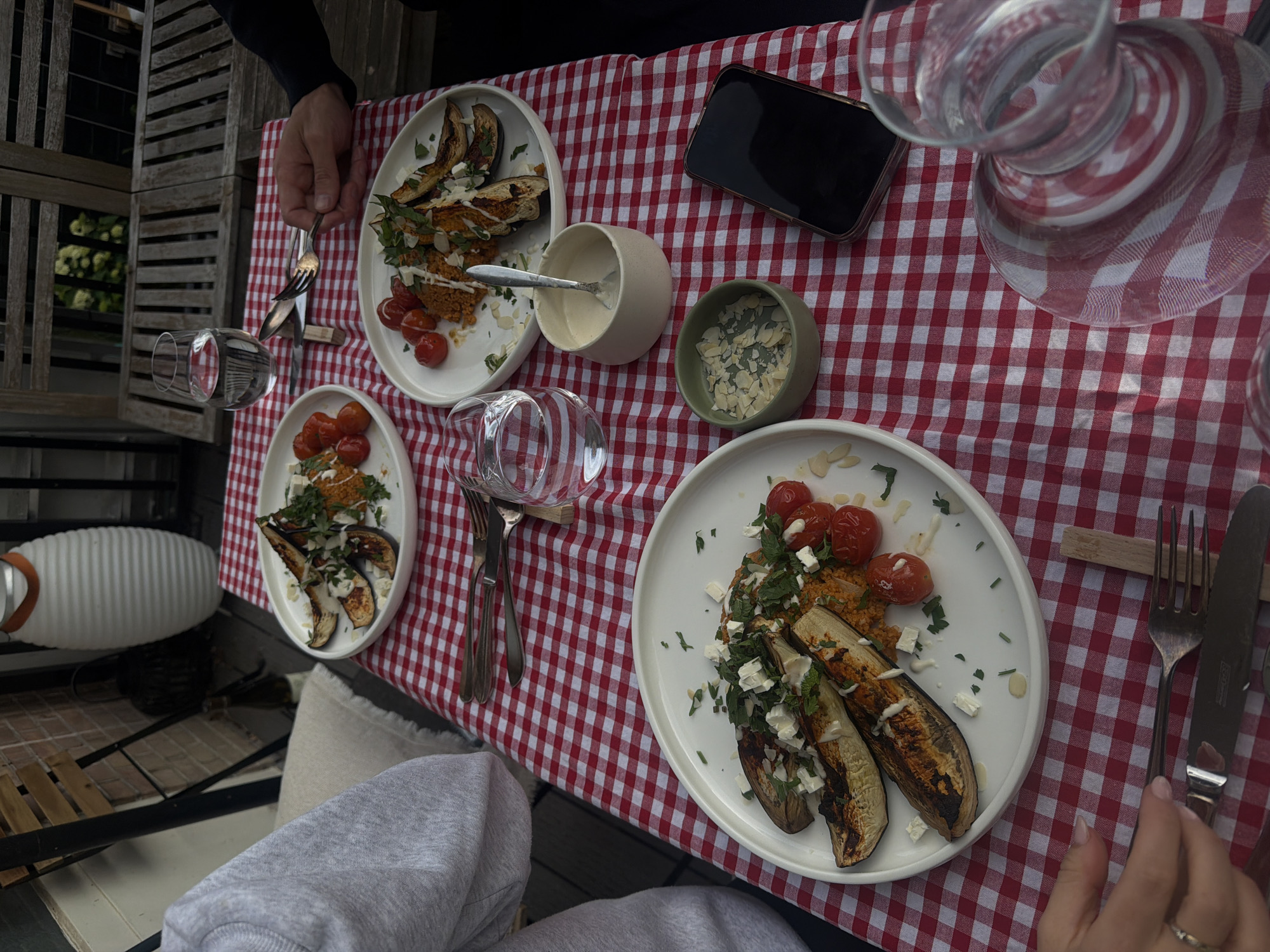 Mediterranean plates on a checkered cloth in Amsterdam