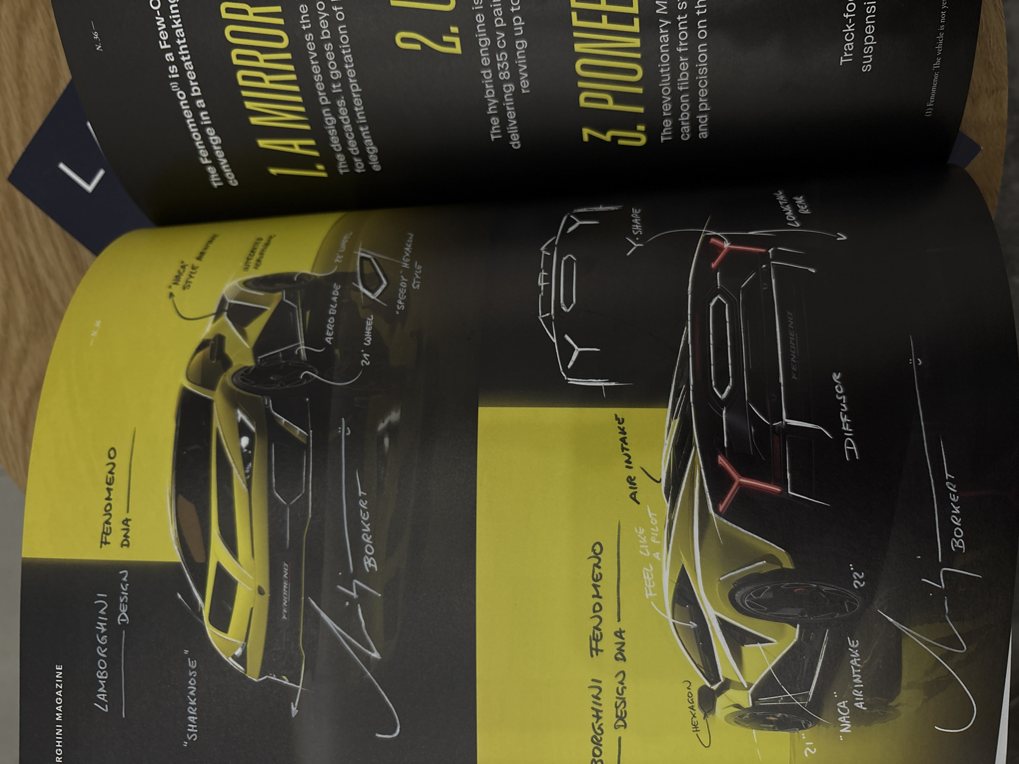 Car design sketches and Lamborghini magazines documented in Turin
