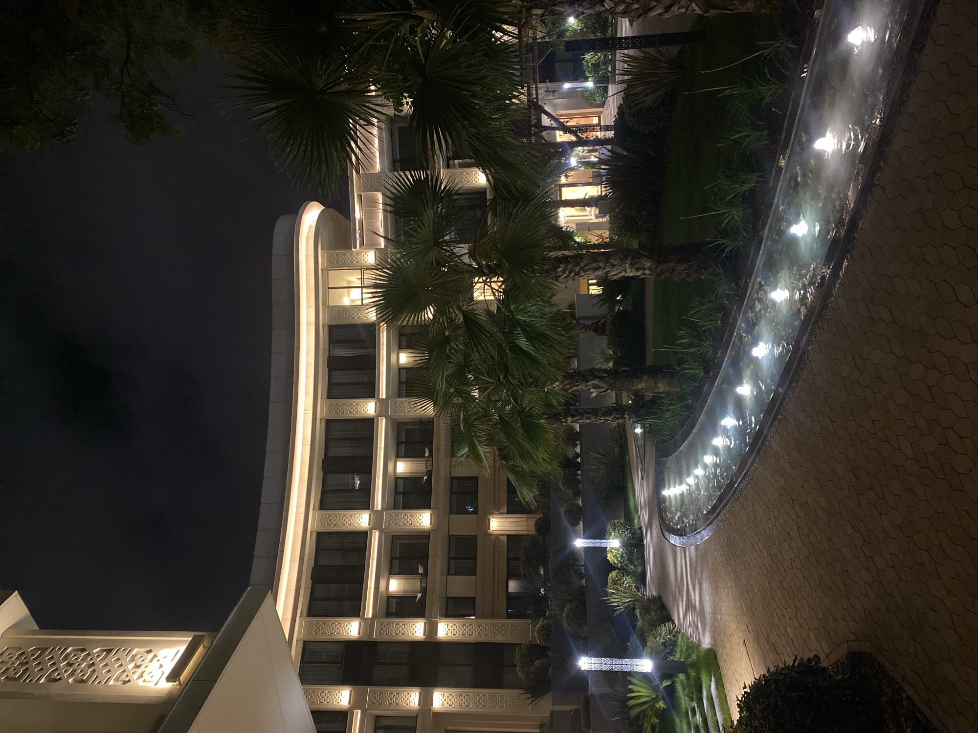 Tourist takes nighttime selfie near illuminated hotel in Sochi