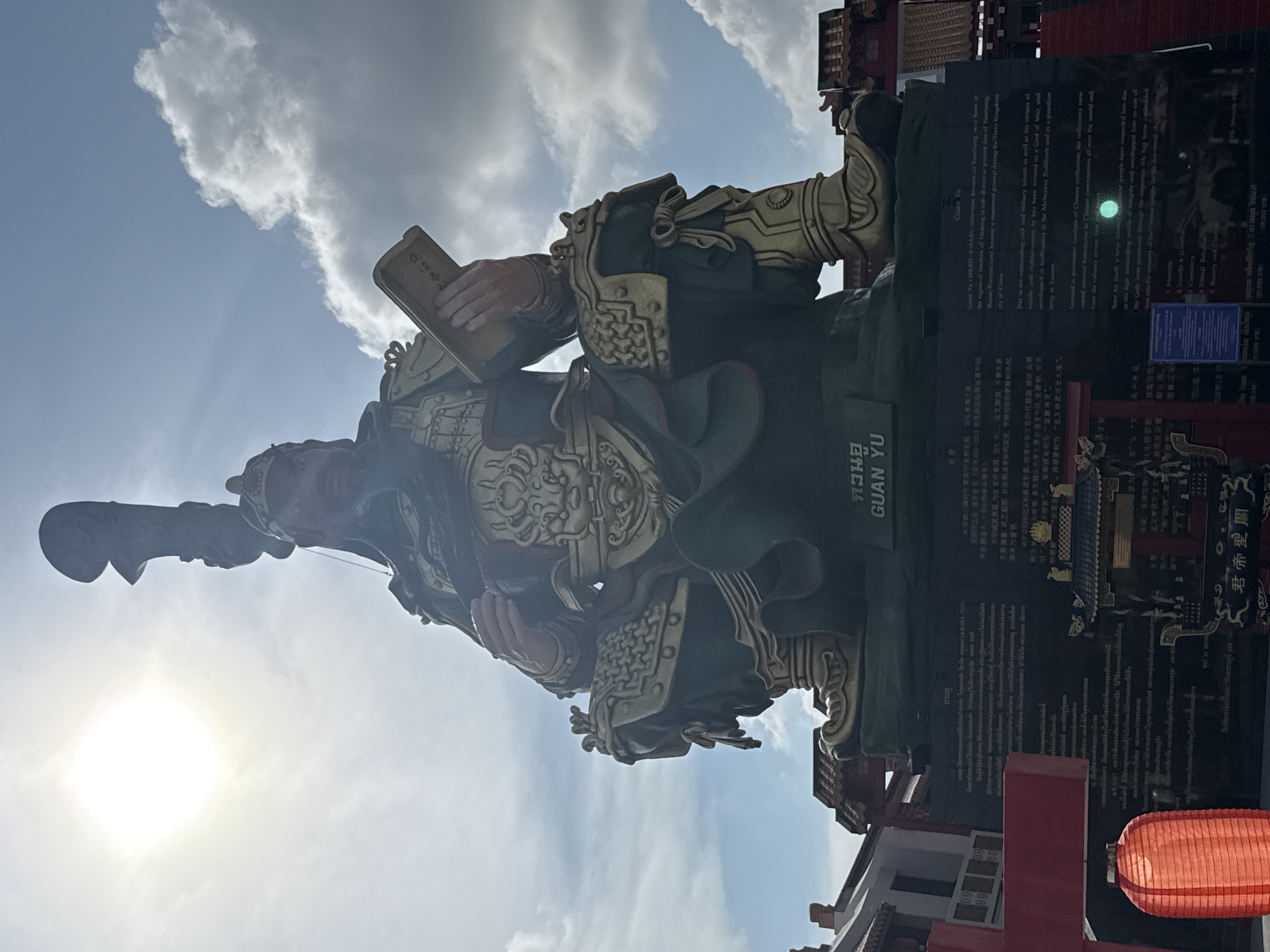 Ornate Guan Yu statue documented at Thai temple entrance