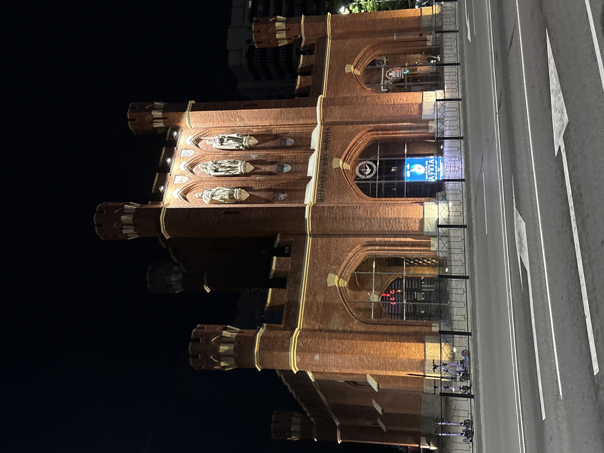 Historic Royal Gate illuminated at night in Kaliningrad