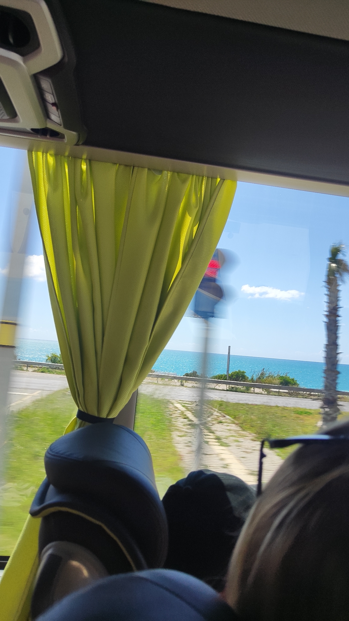 Bus passenger views Mediterranean coast near Manavgat, Turkey