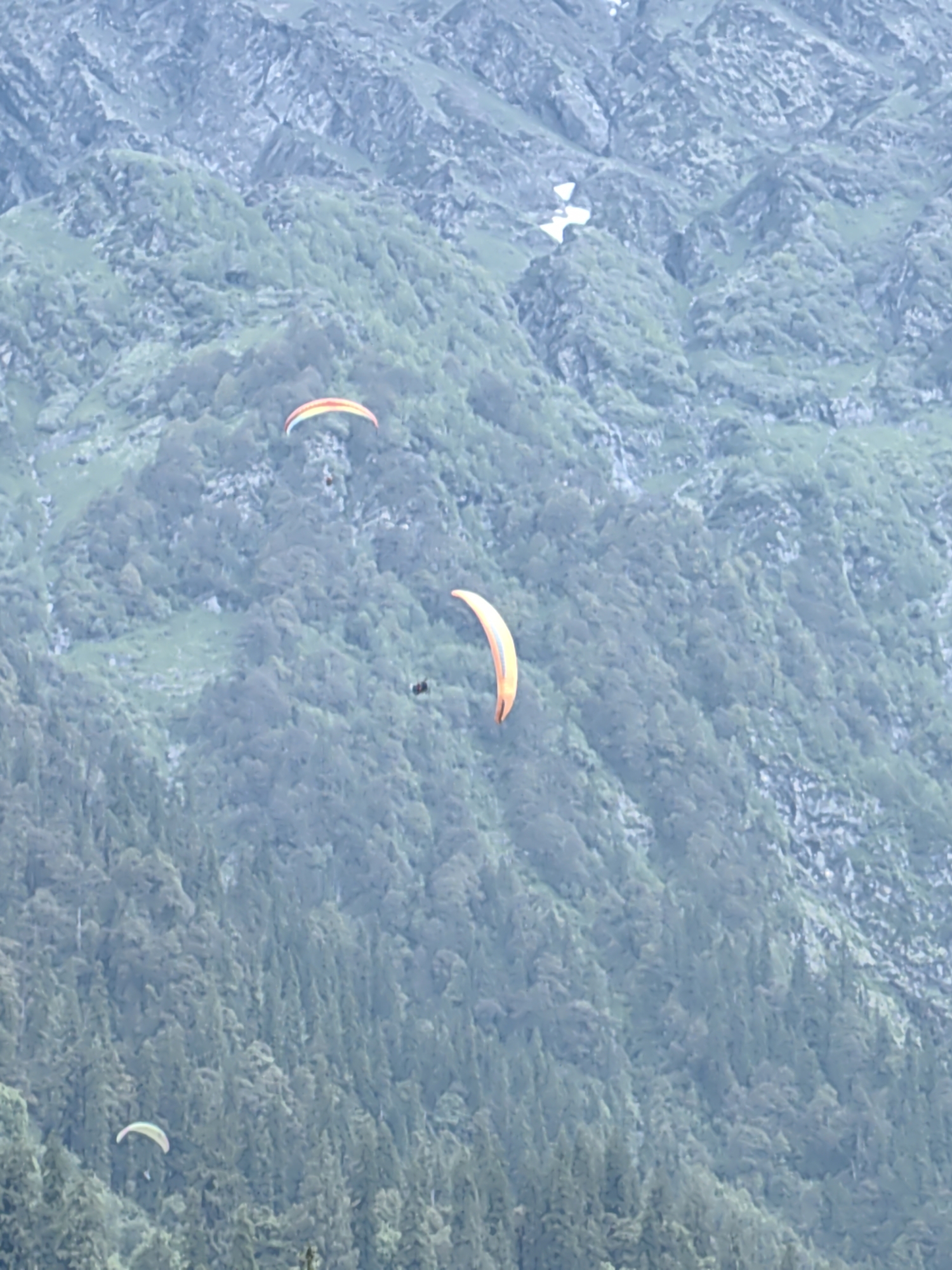 Paragliders fill the skies over Solang Valley on a cloudy morning