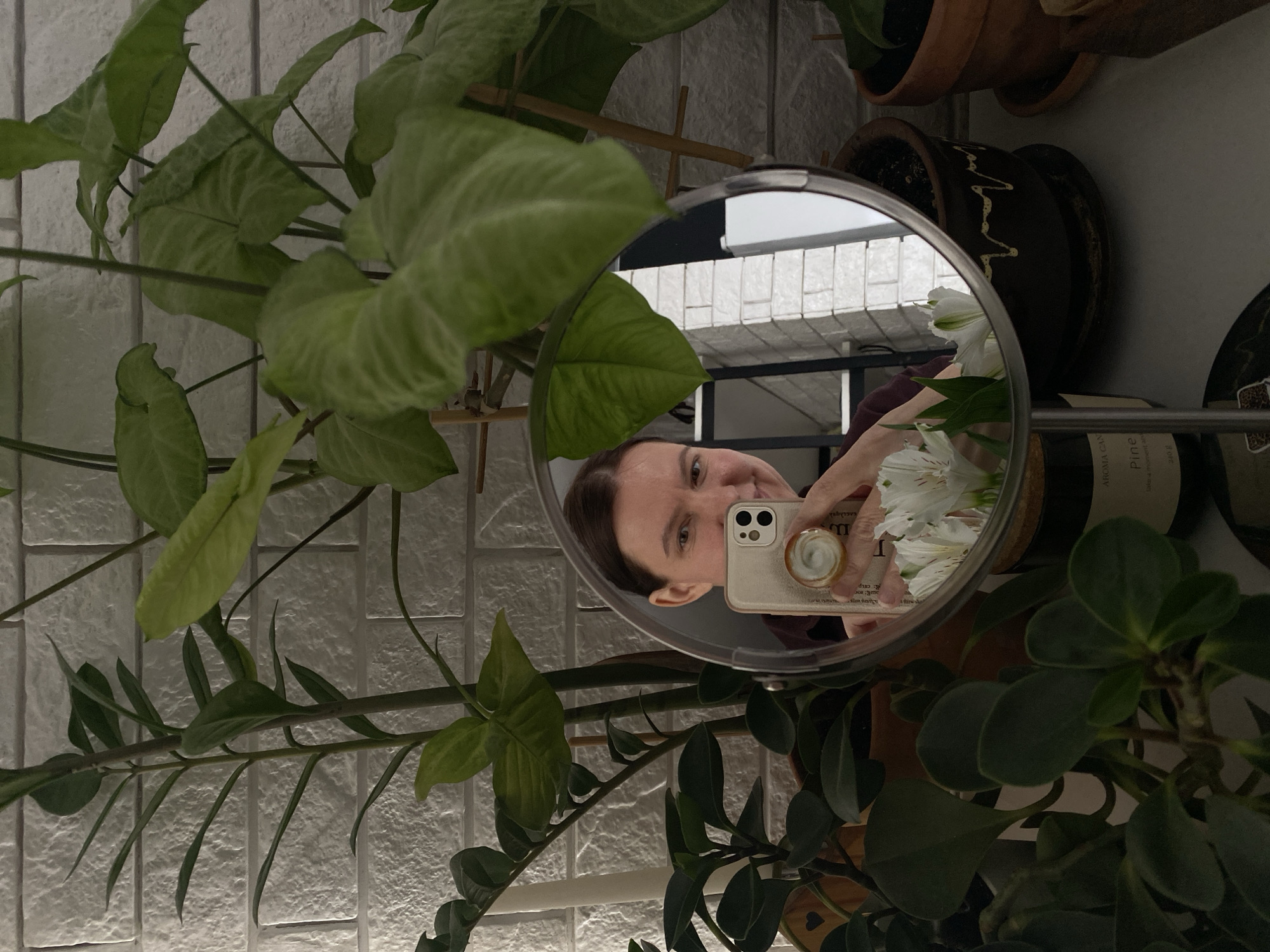 Person photographs white flowers in bedroom mirror selfie session
