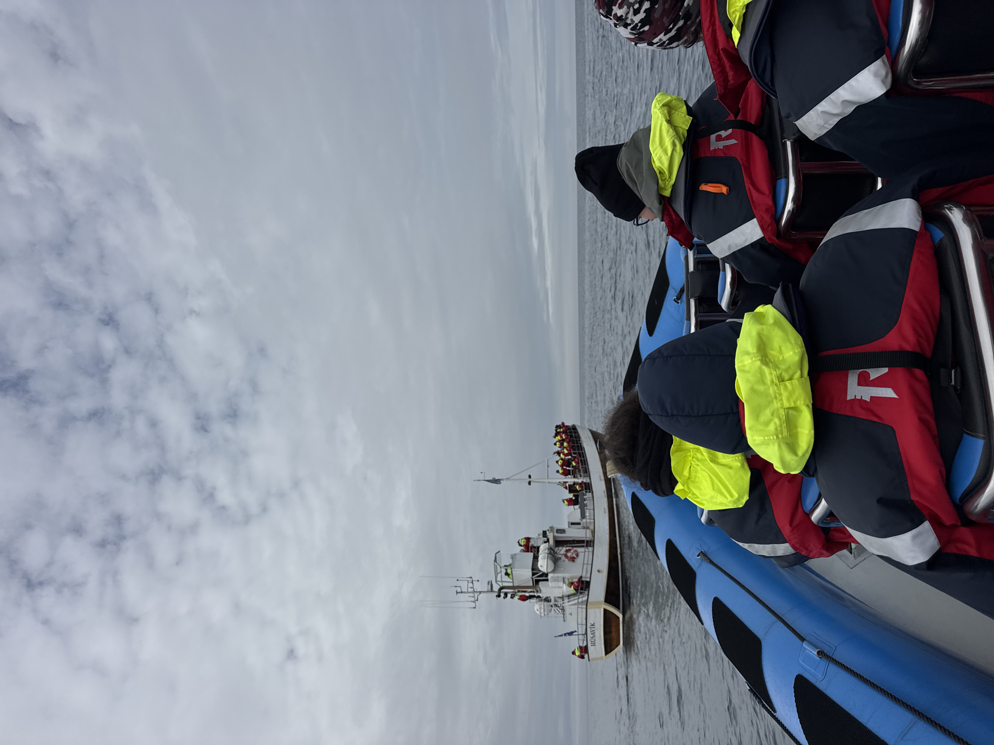 Boat tour observed in Húsavík waters under overcast skies