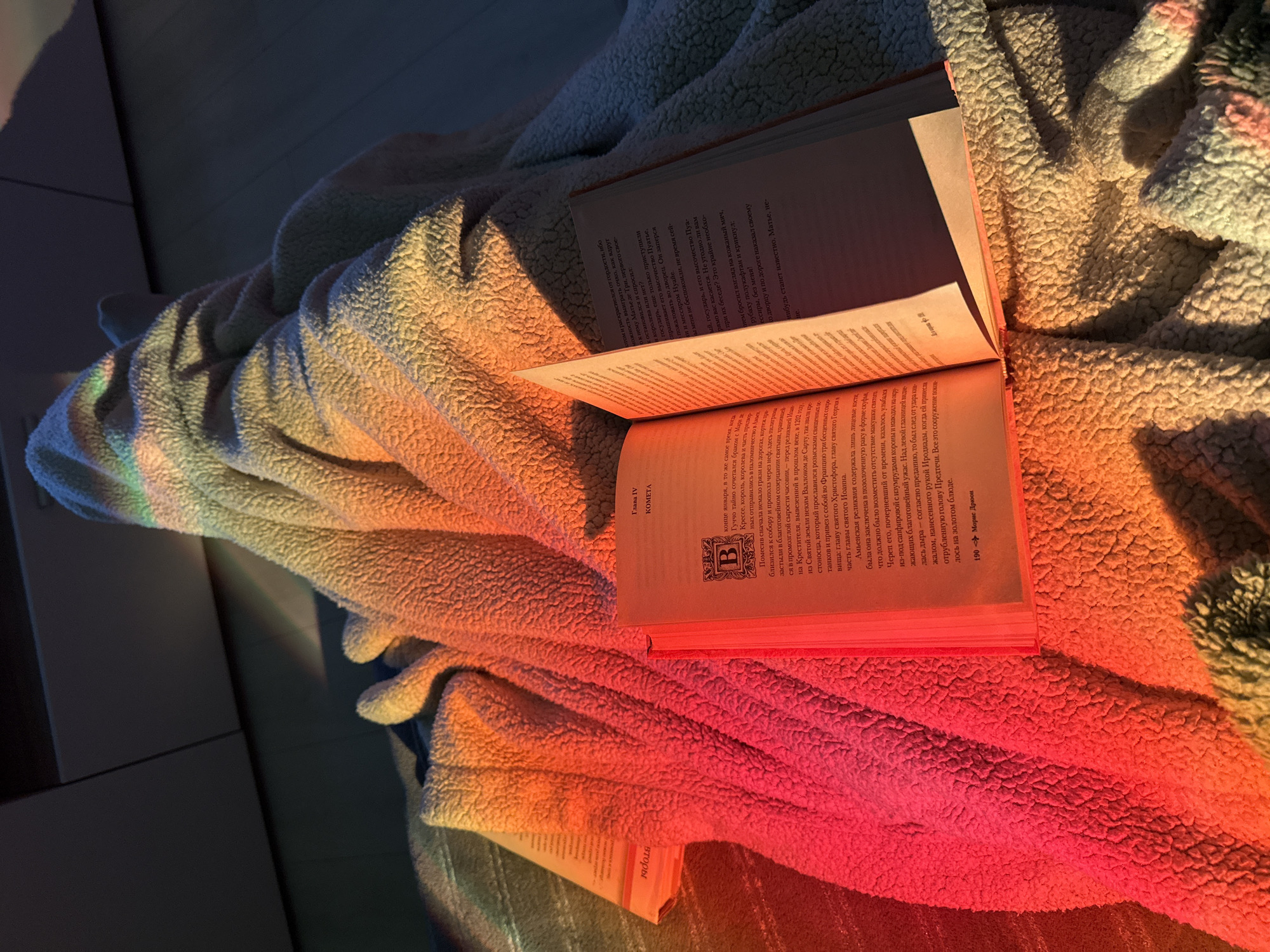 Evening reading session captured under rainbow lighting on blanket