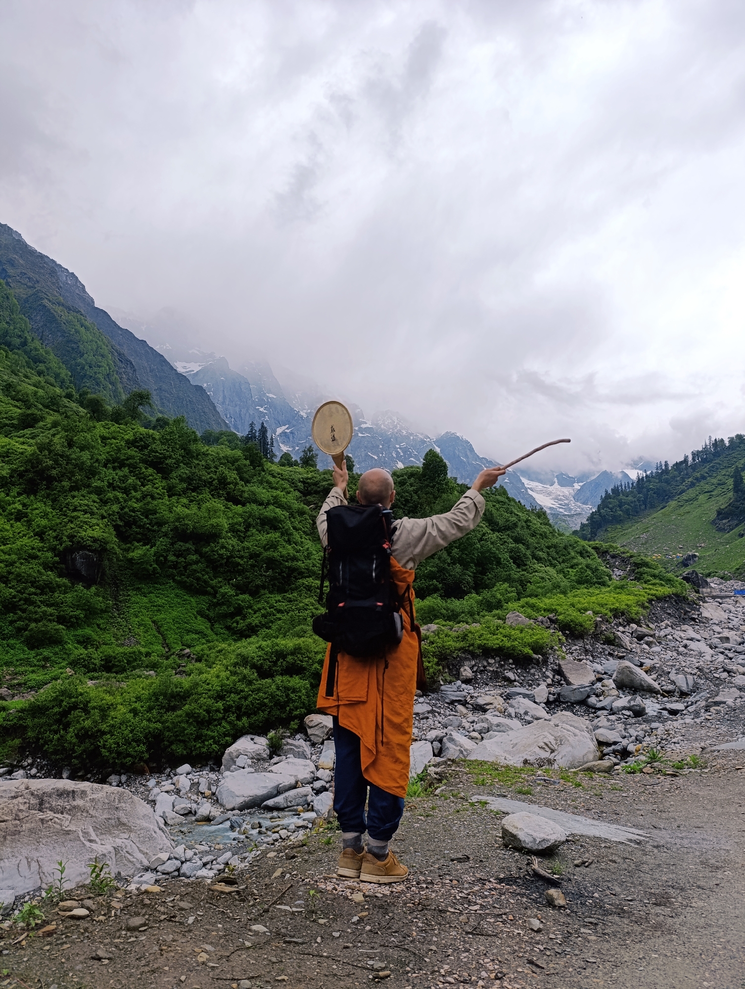 Himalayan trek camp in the rain, Burwa, India