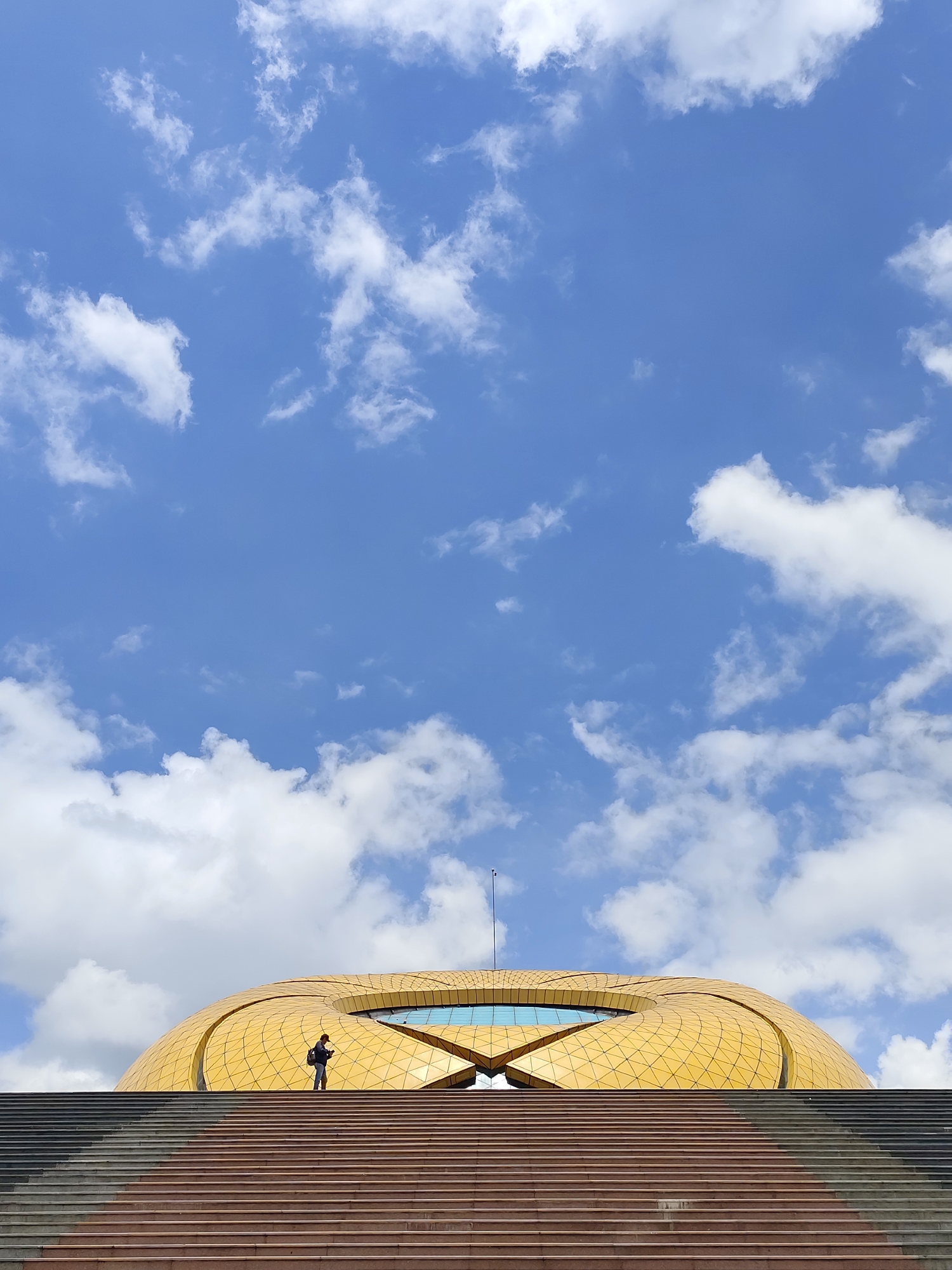 Person photographed at golden lotus building steps