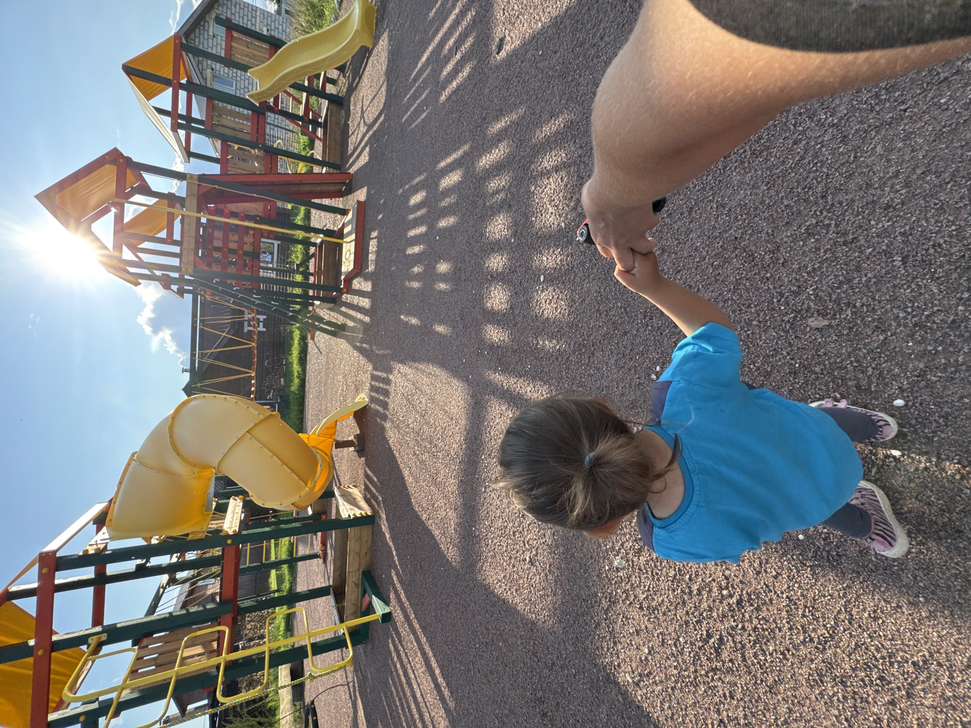 Toddler and dog spend a summer evening at a rural Russian playground