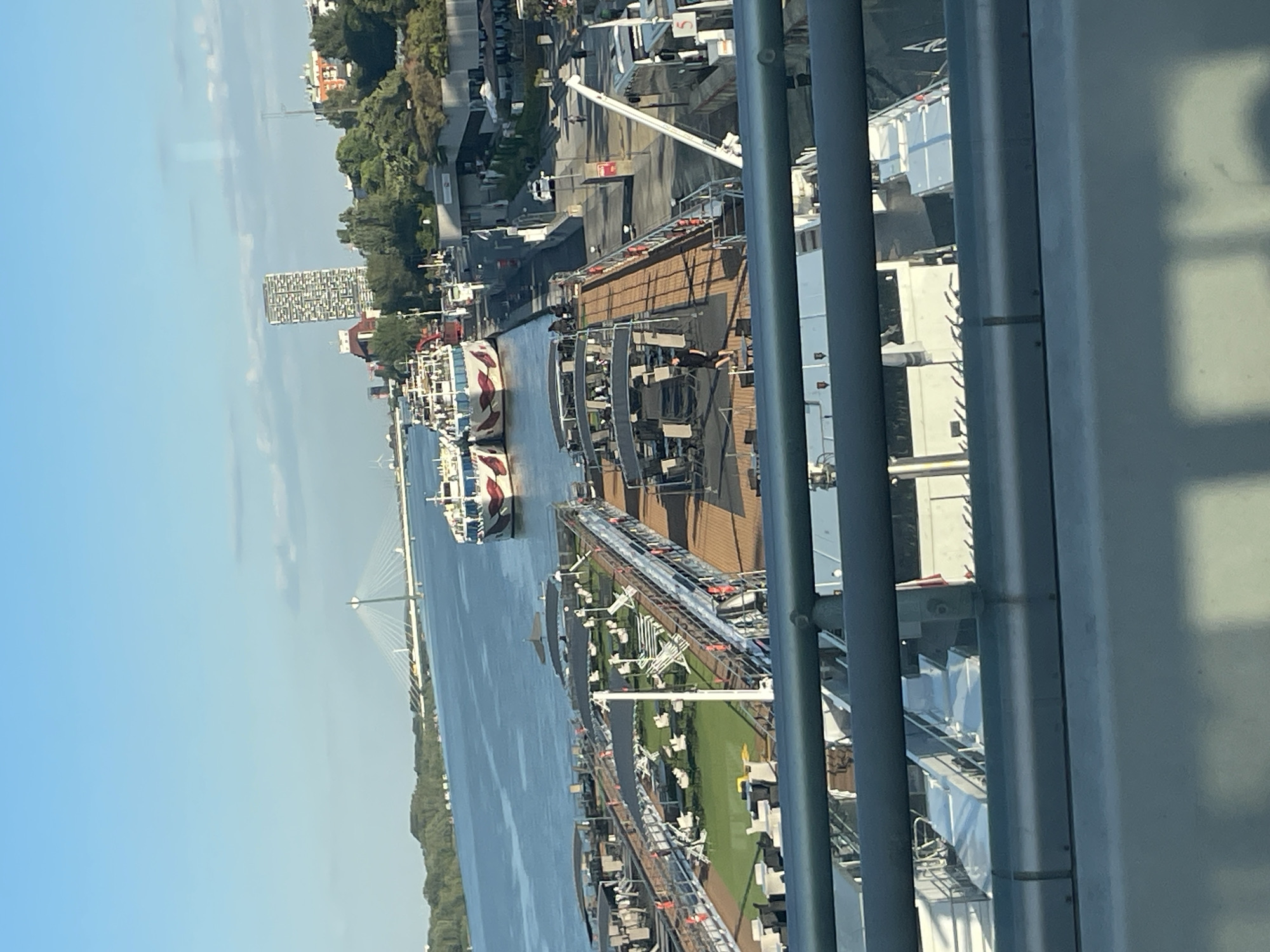 Sunny afternoon on Vienna's waterfront and bridge traffic
