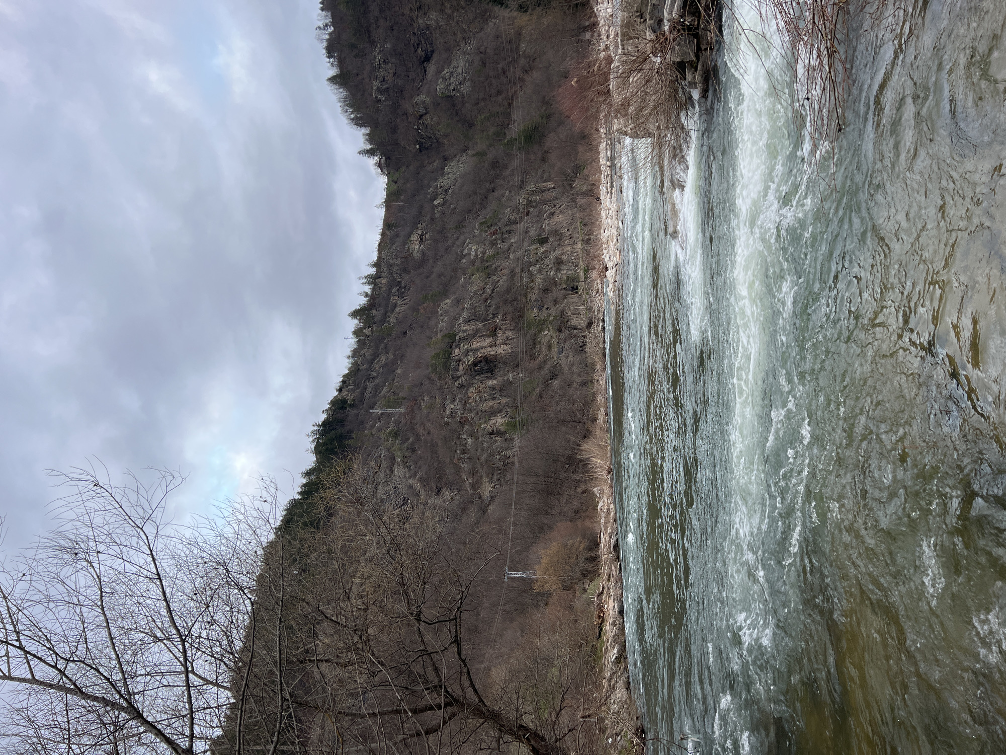 Rapid river flow documented under overcast skies in Bulgaria