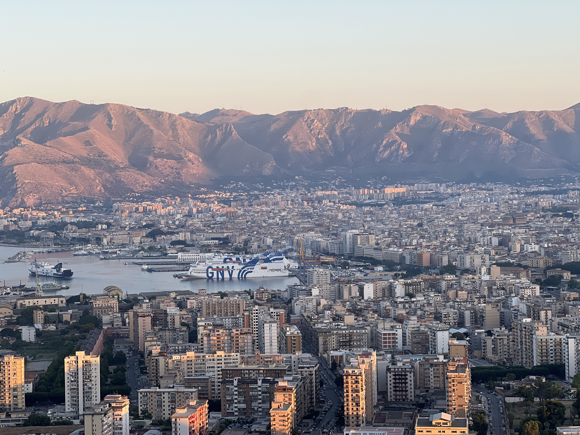 Palermo at golden hour, city and harbor from above