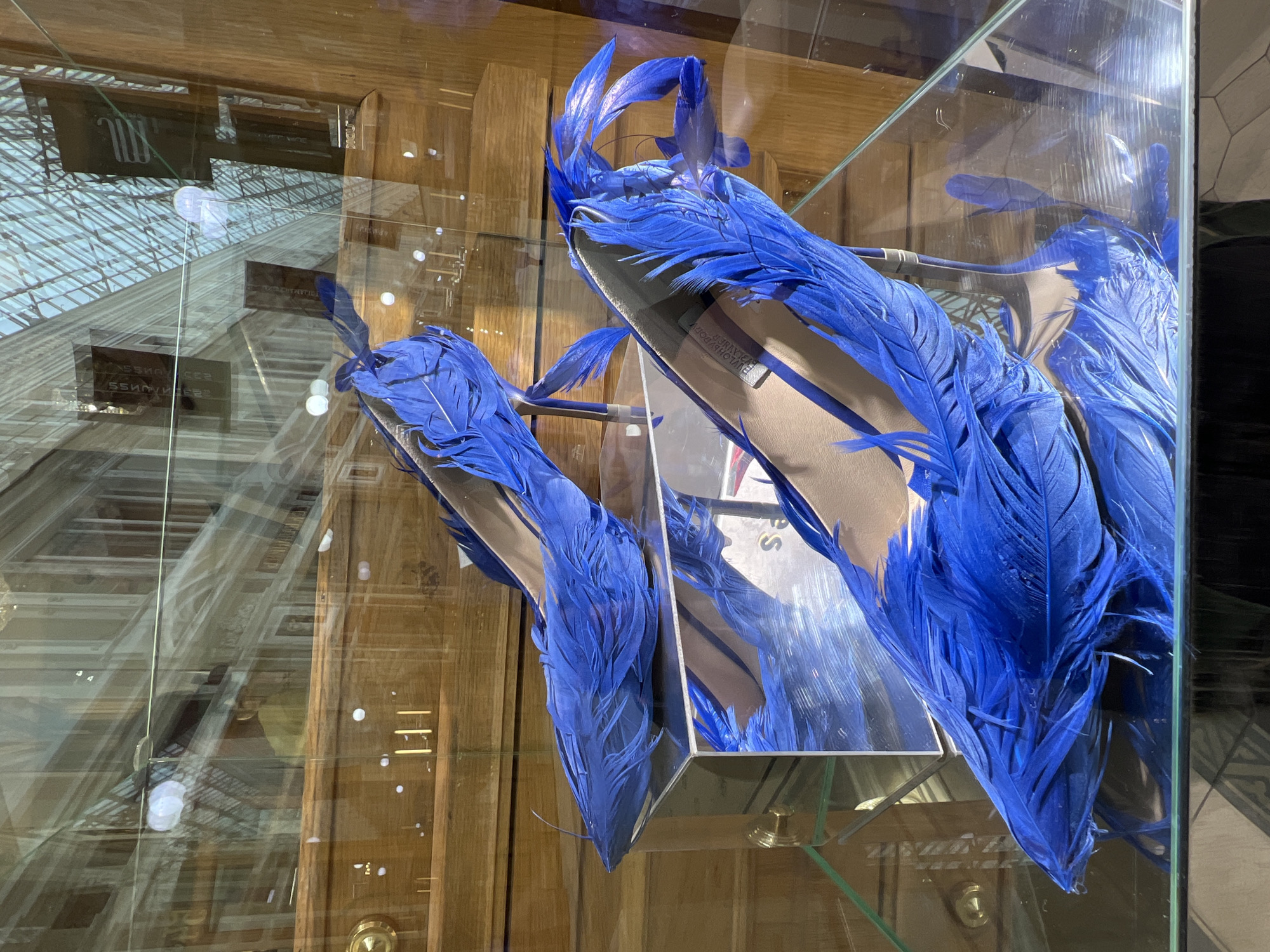 Blue feathered ballet flats displayed in glass case, Saint Petersburg