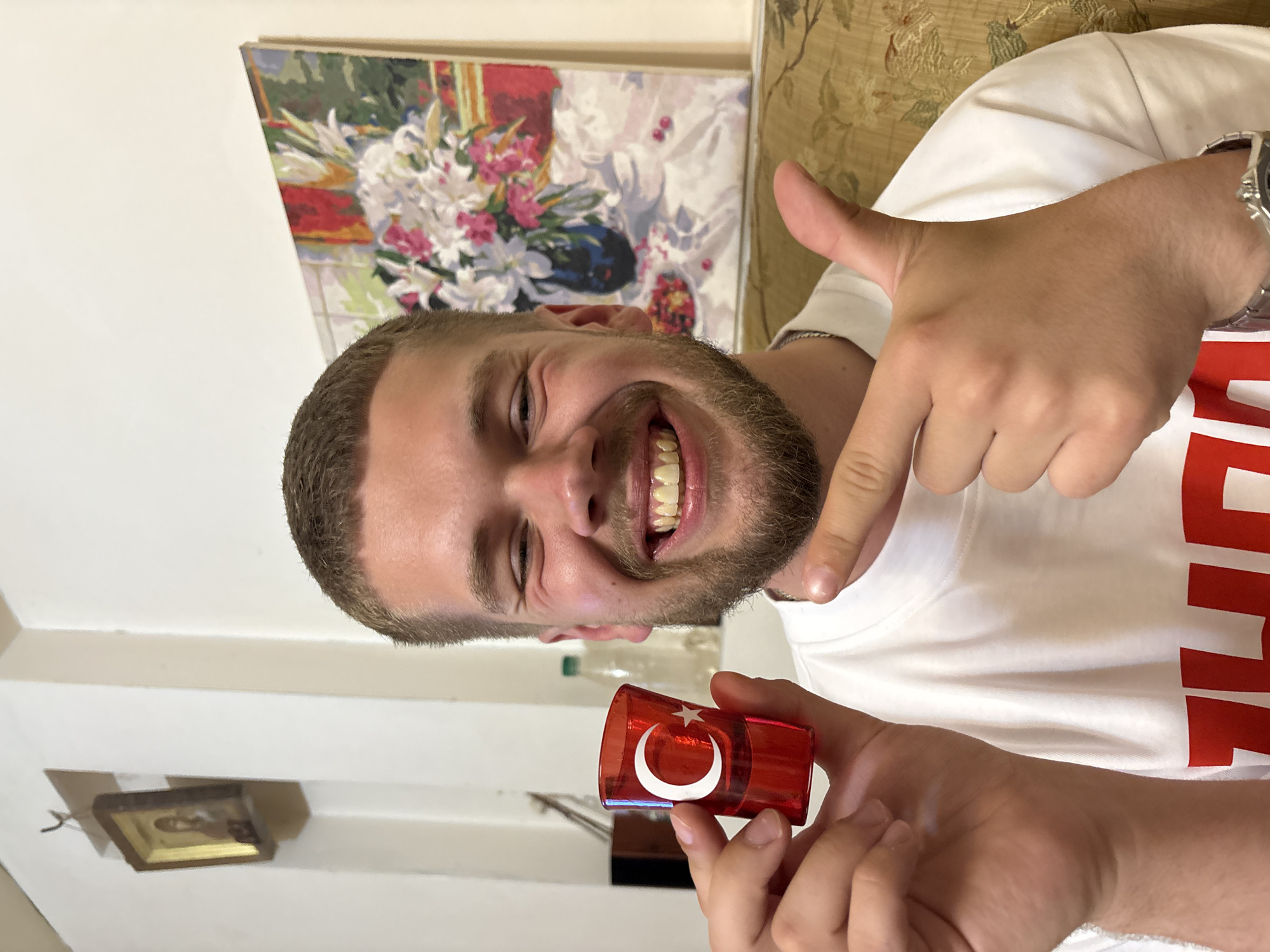Apartment selfie in Lida with a Turkish flag shot glass