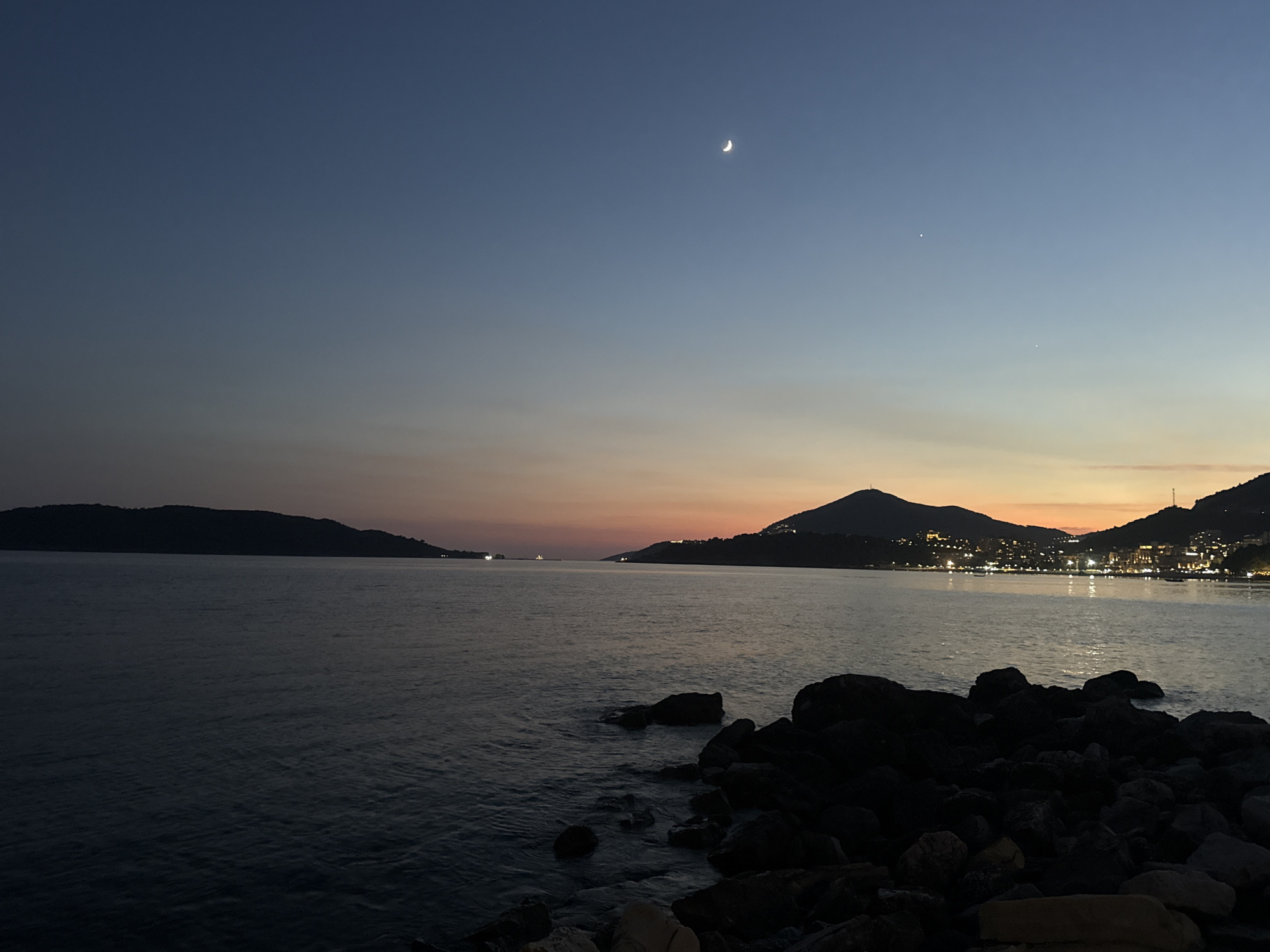 Montenegrin Riviera coast at golden hour, summer evening