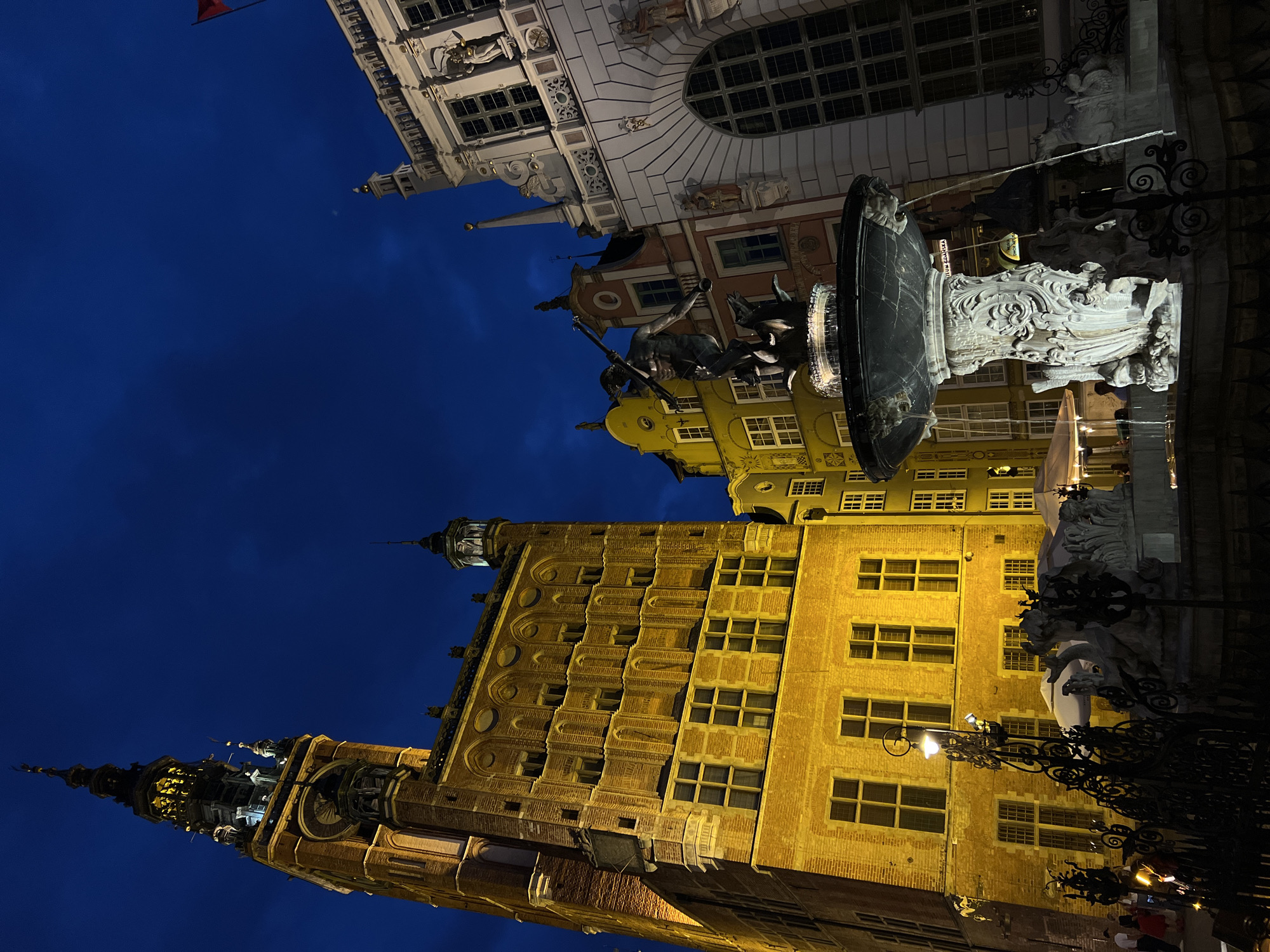 Gdańsk Old Town at night, from fountain to historic streetscape