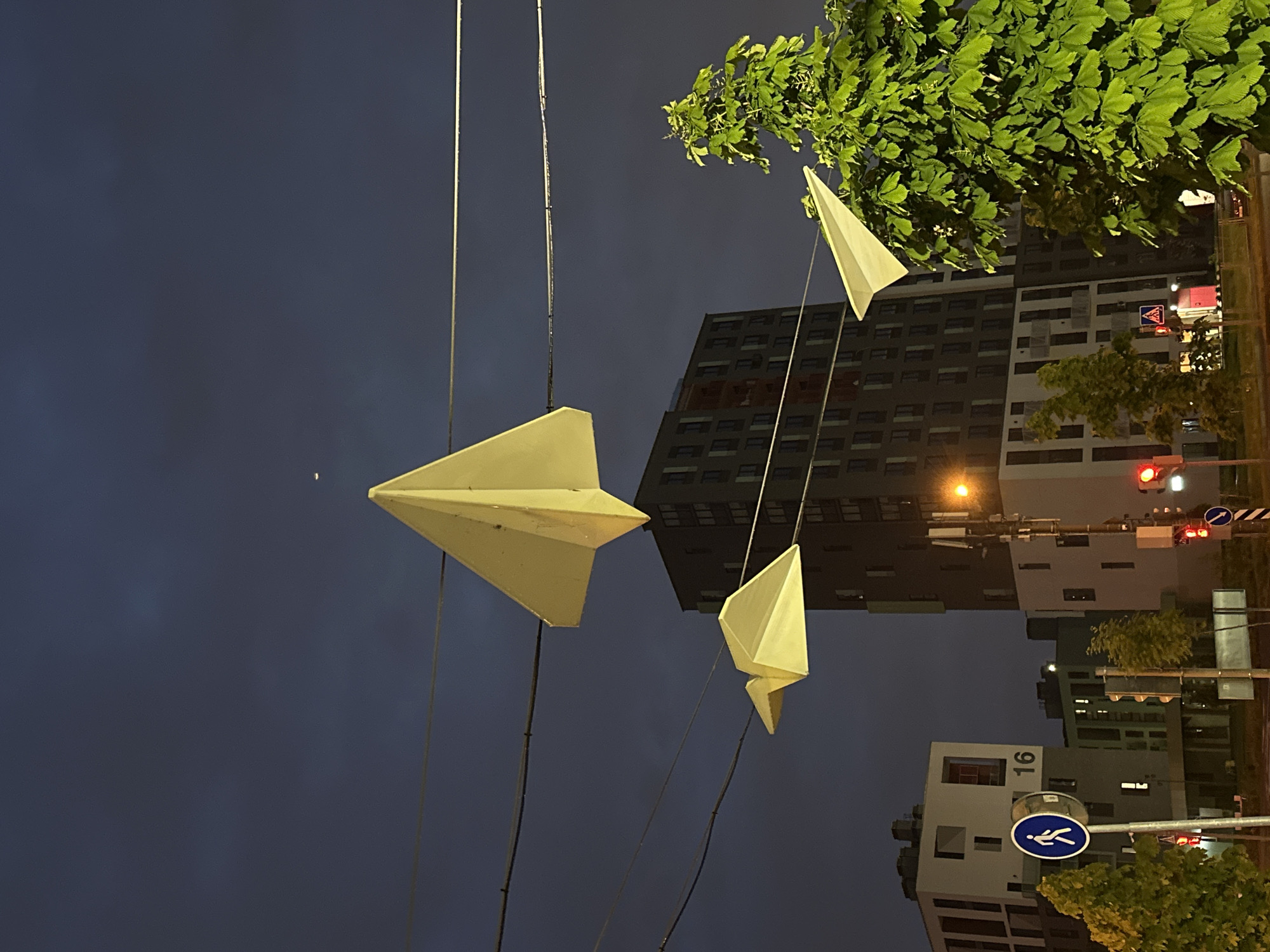 Evening documentation of modern Belarus neighborhood with public art