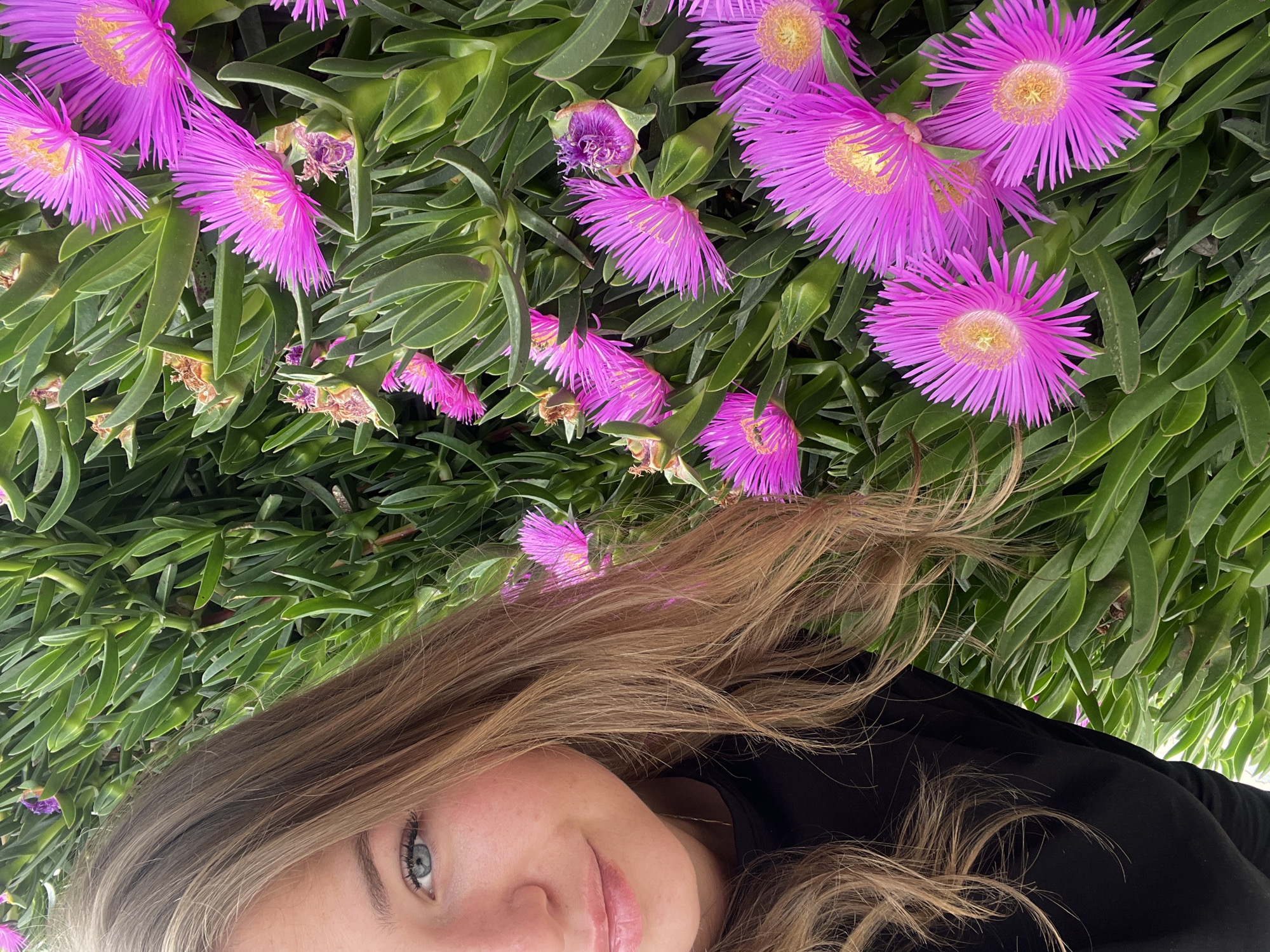 Woman poses among purple wildflowers as bees forage nearby