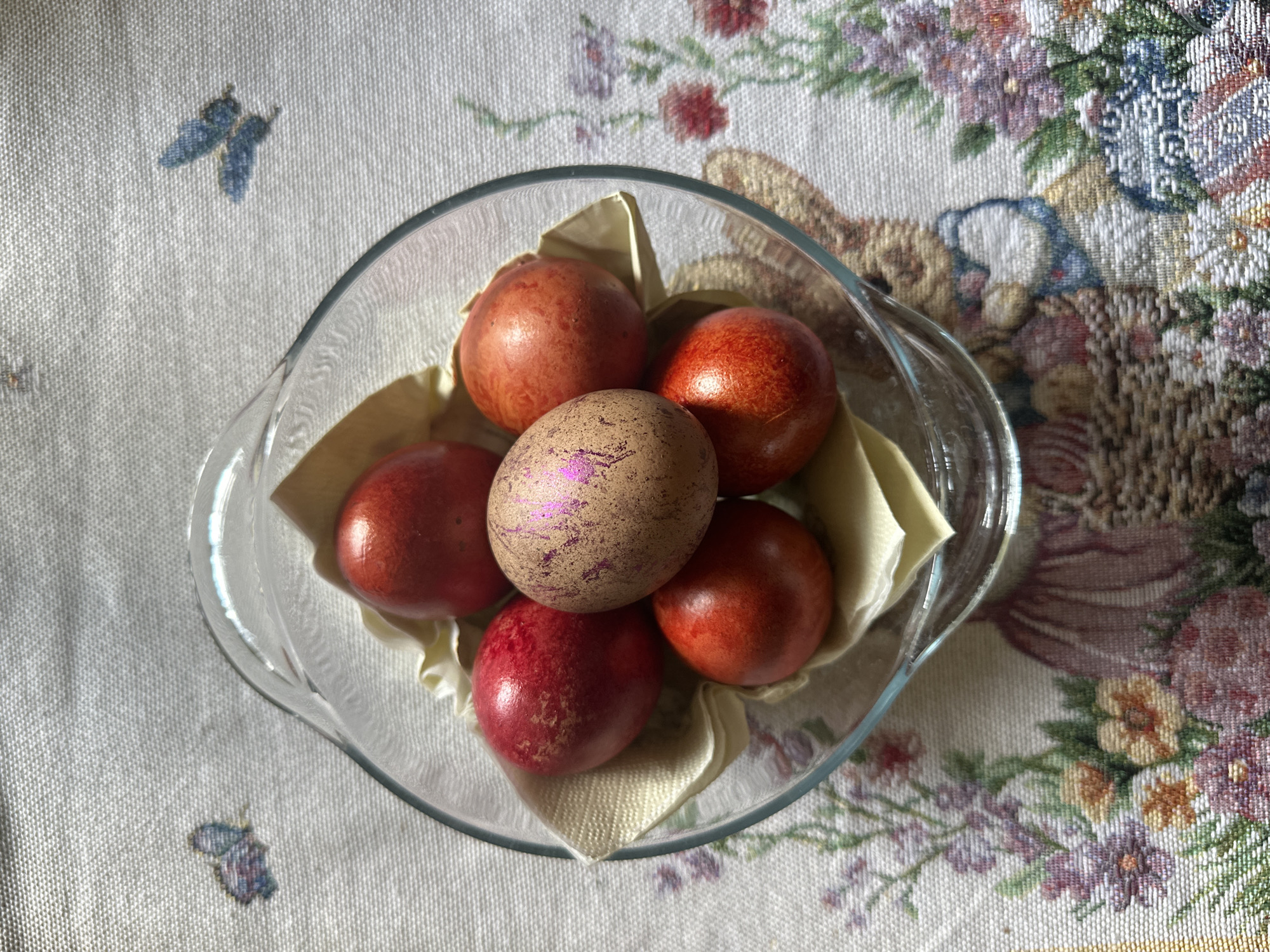 Easter eggs displayed in glass bowl in Slivnitsa, Bulgaria