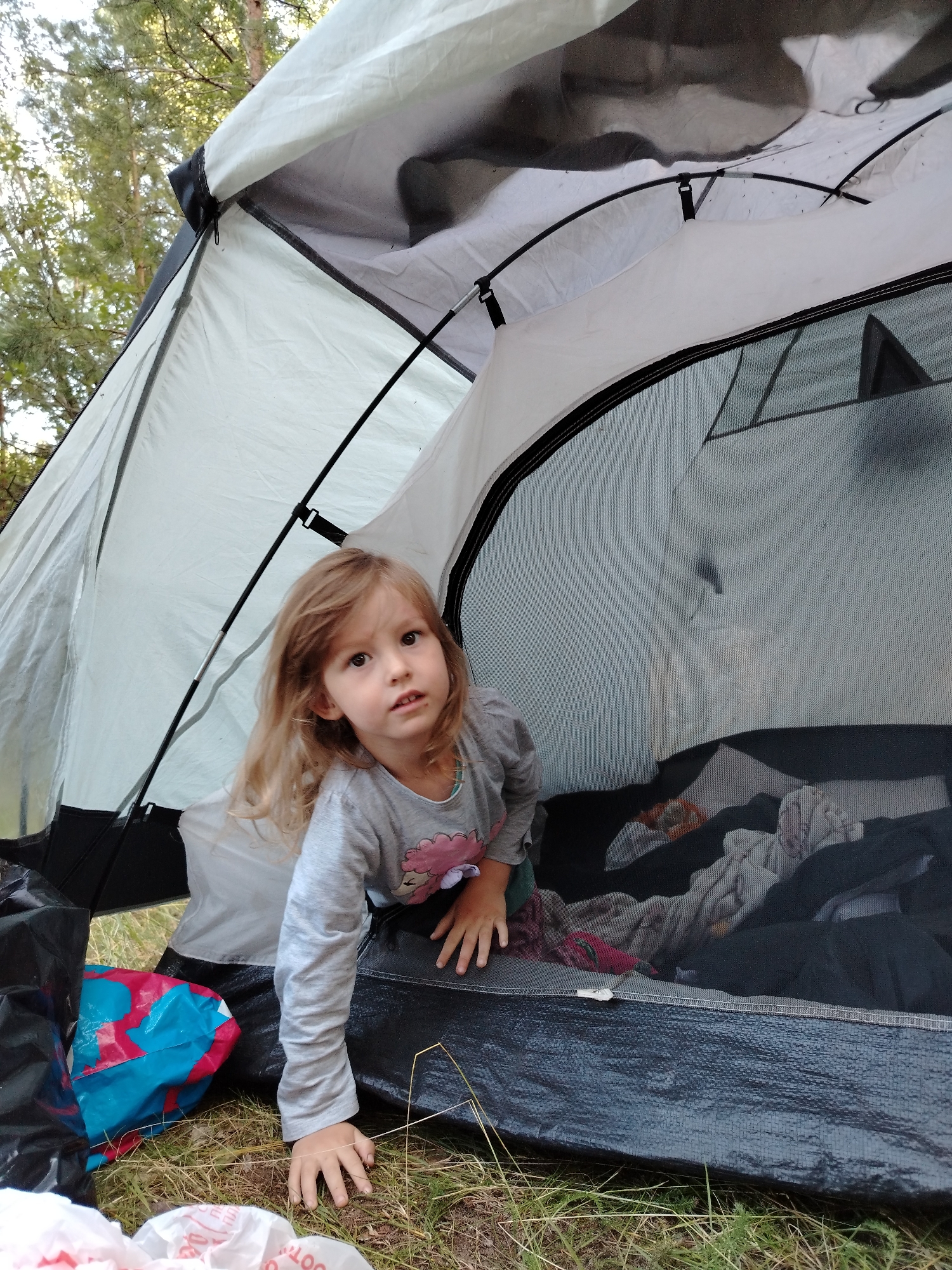 Forest campsite near Chaikovsky with fire, tents, and waterfront