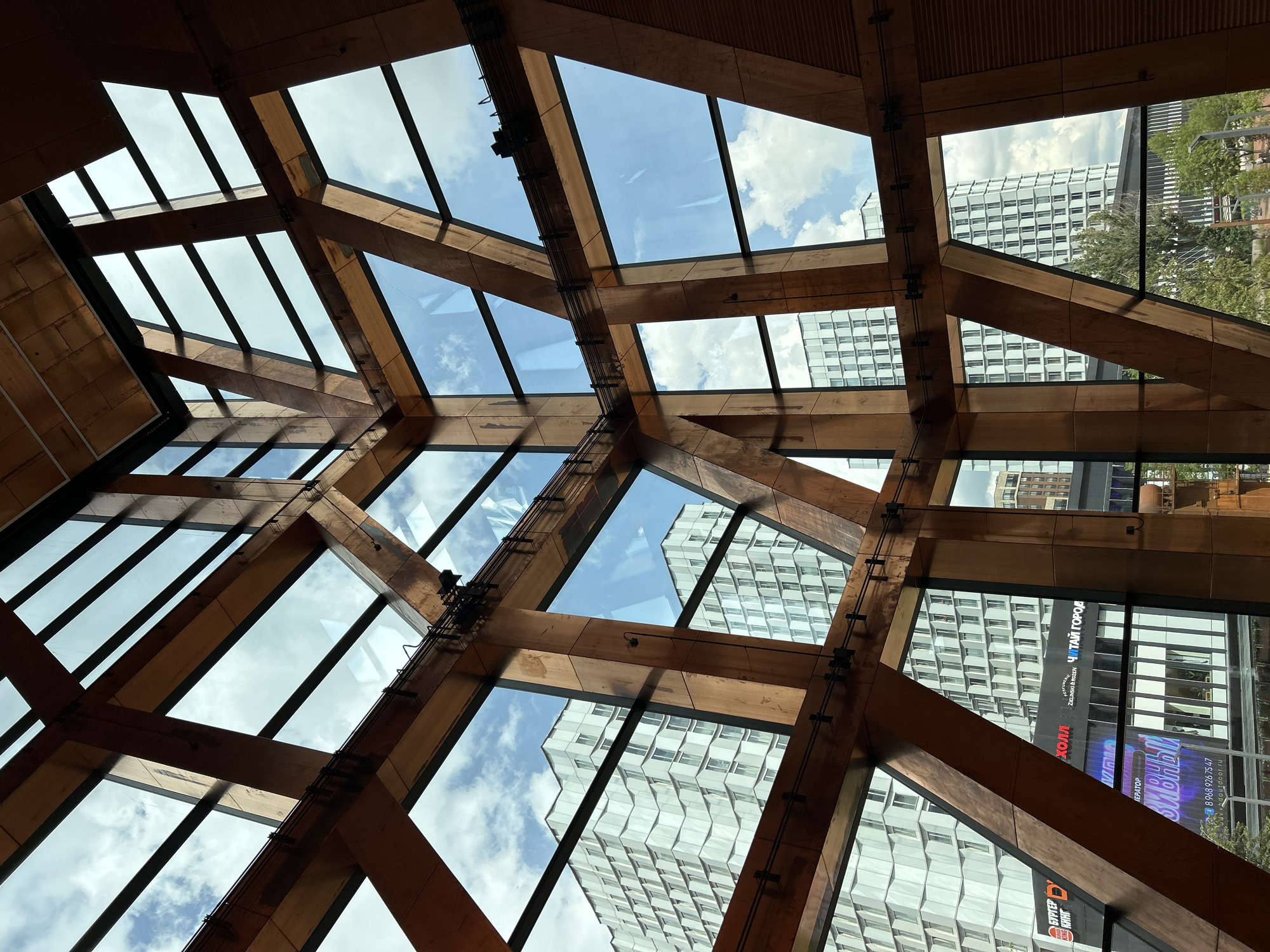 Exploring a modern architectural space with art installations inside
