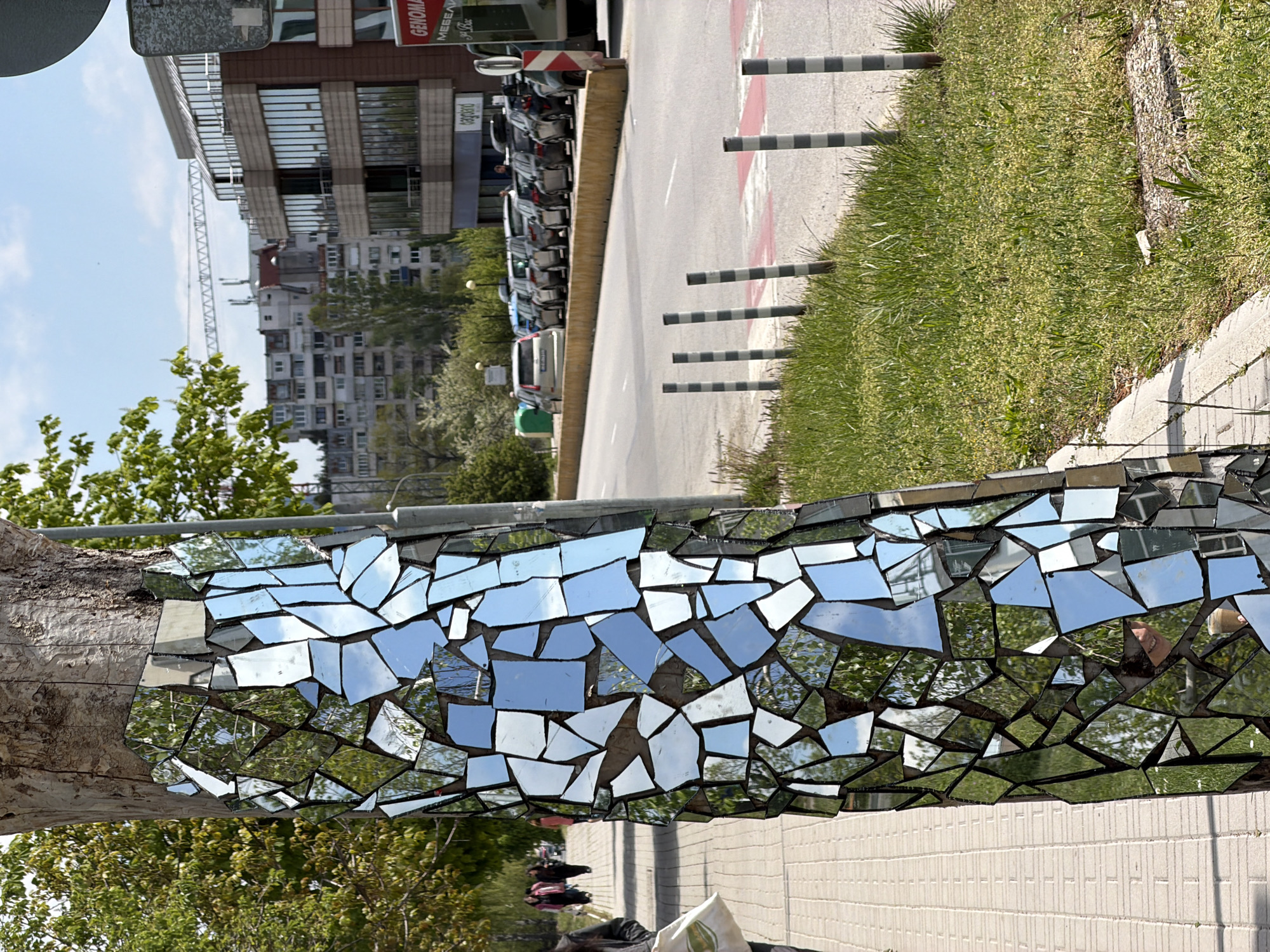 Mirror art installation spotted on Sofia tree trunk