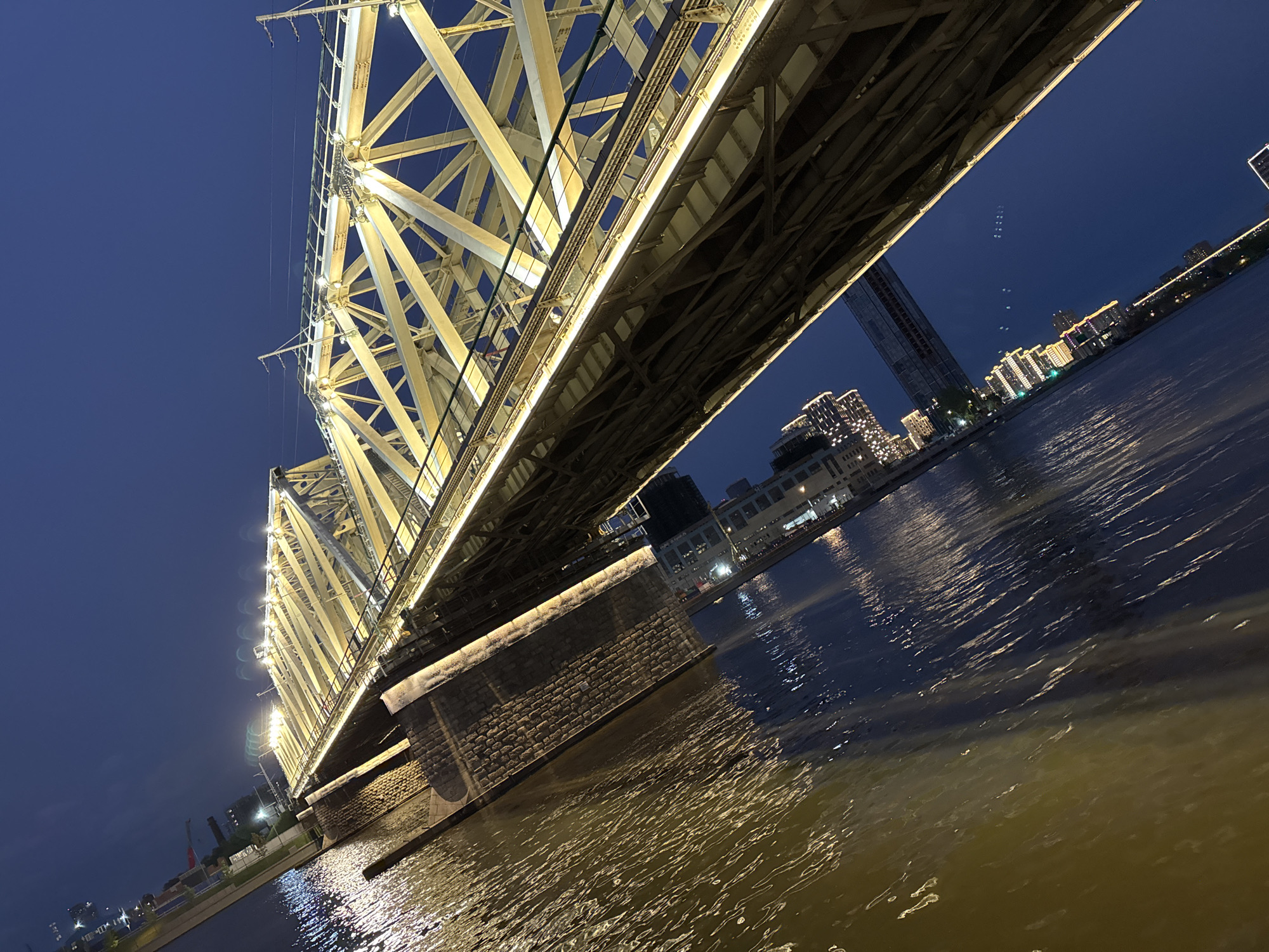 Moscow's Novospassky Bridge captured illuminated at dusk