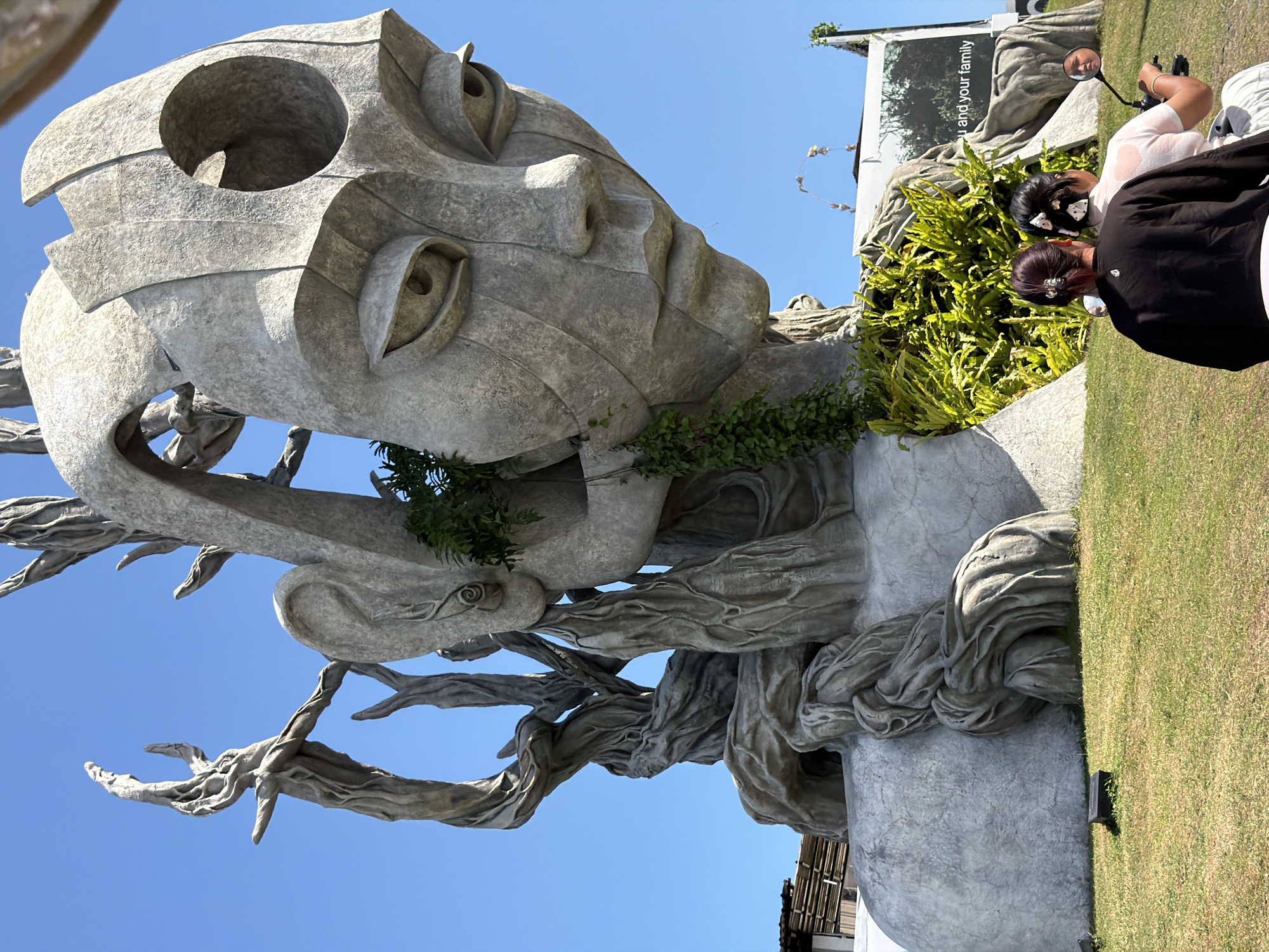 Weathered stone face sculpture emerges from tangled roots in Kediri